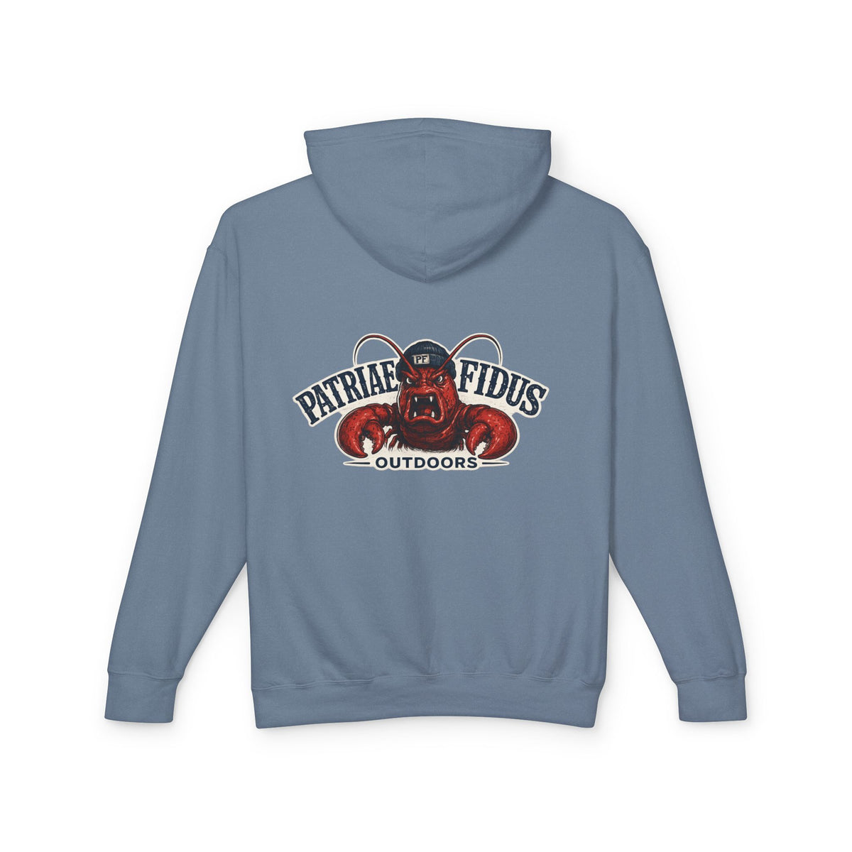 Patriae Fidus Outdoors Crab Logo Hoodie — Coastal Fishing Graphic Sweatshirt