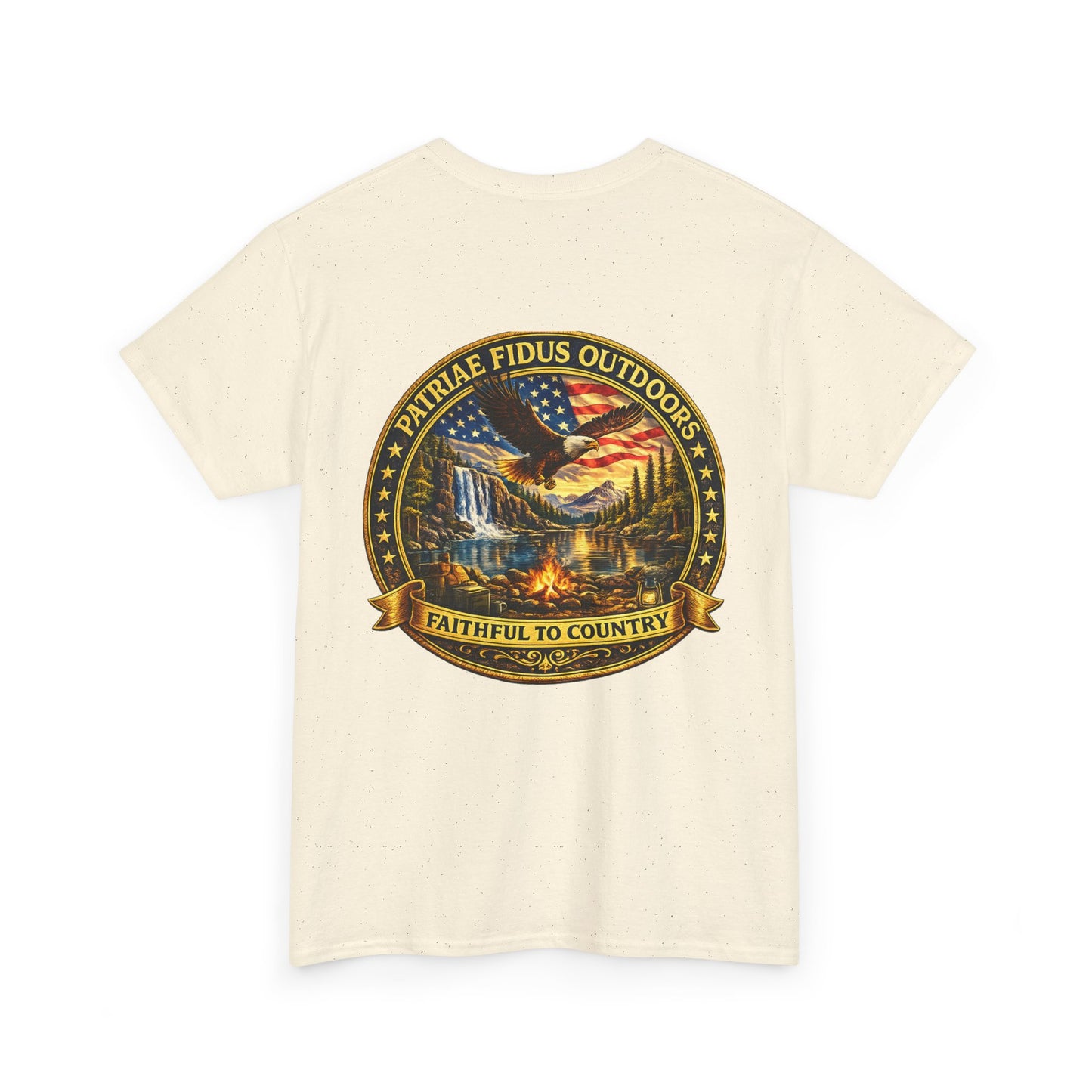 Patriae Fidus Outdoors Tee — Faithful to Country American Flag Eagle T‑Shirt