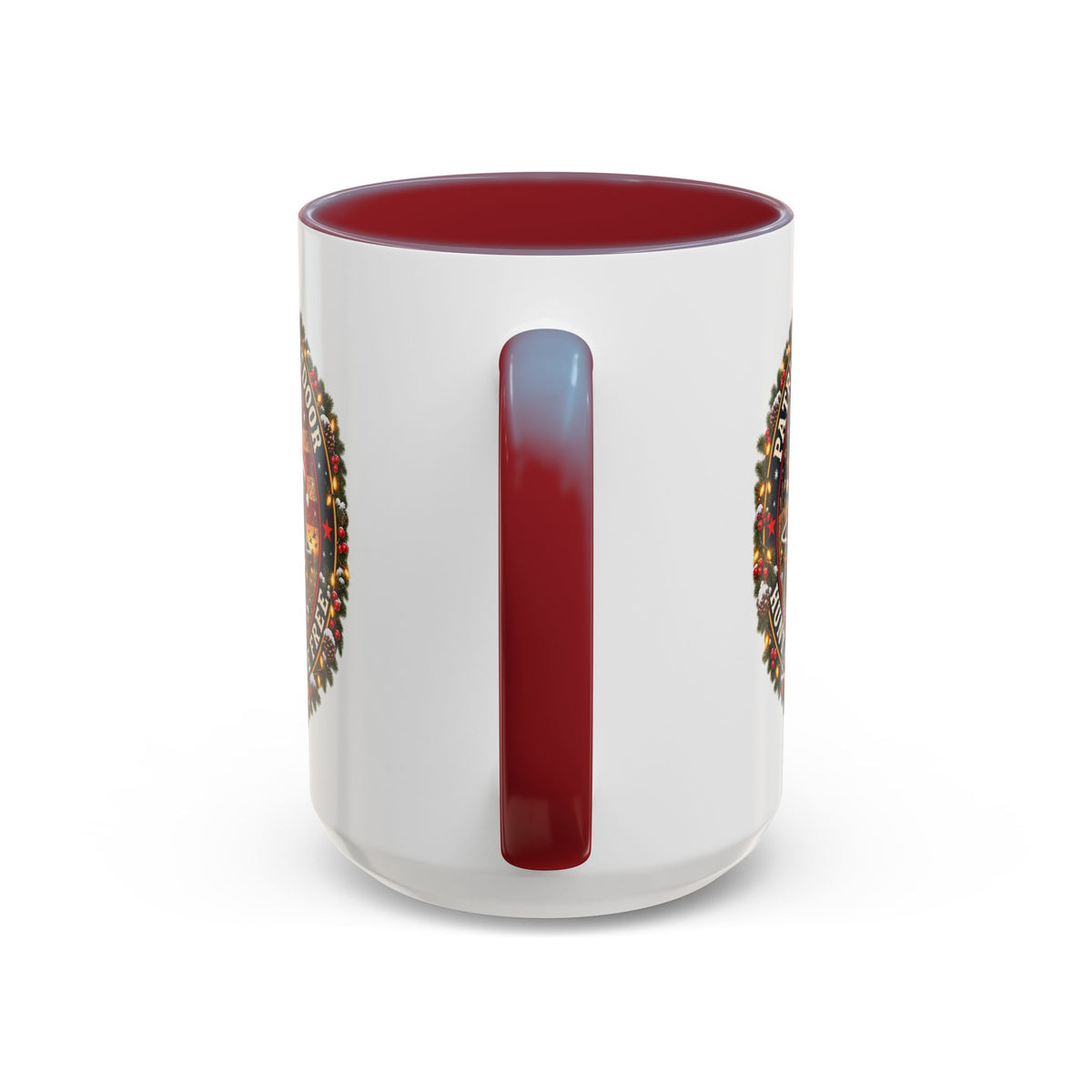 Patriæ Fidus Outdoor Christmas Coffee Mug — "Hunt Hard, Live Free" with Labrador Trio (11/15oz)