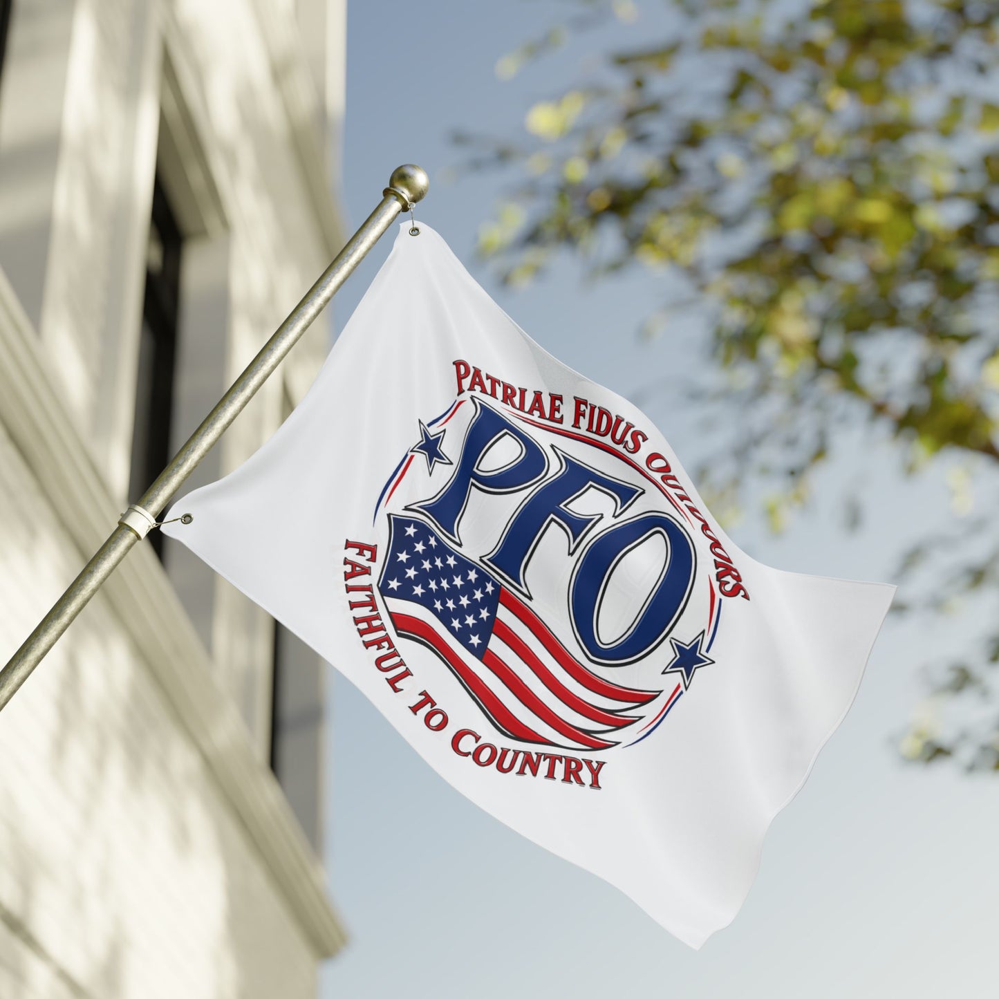 PFO Patriæ Fidus Outdoors Double-Sided Flag — Faithful to Country American Flag Emblem