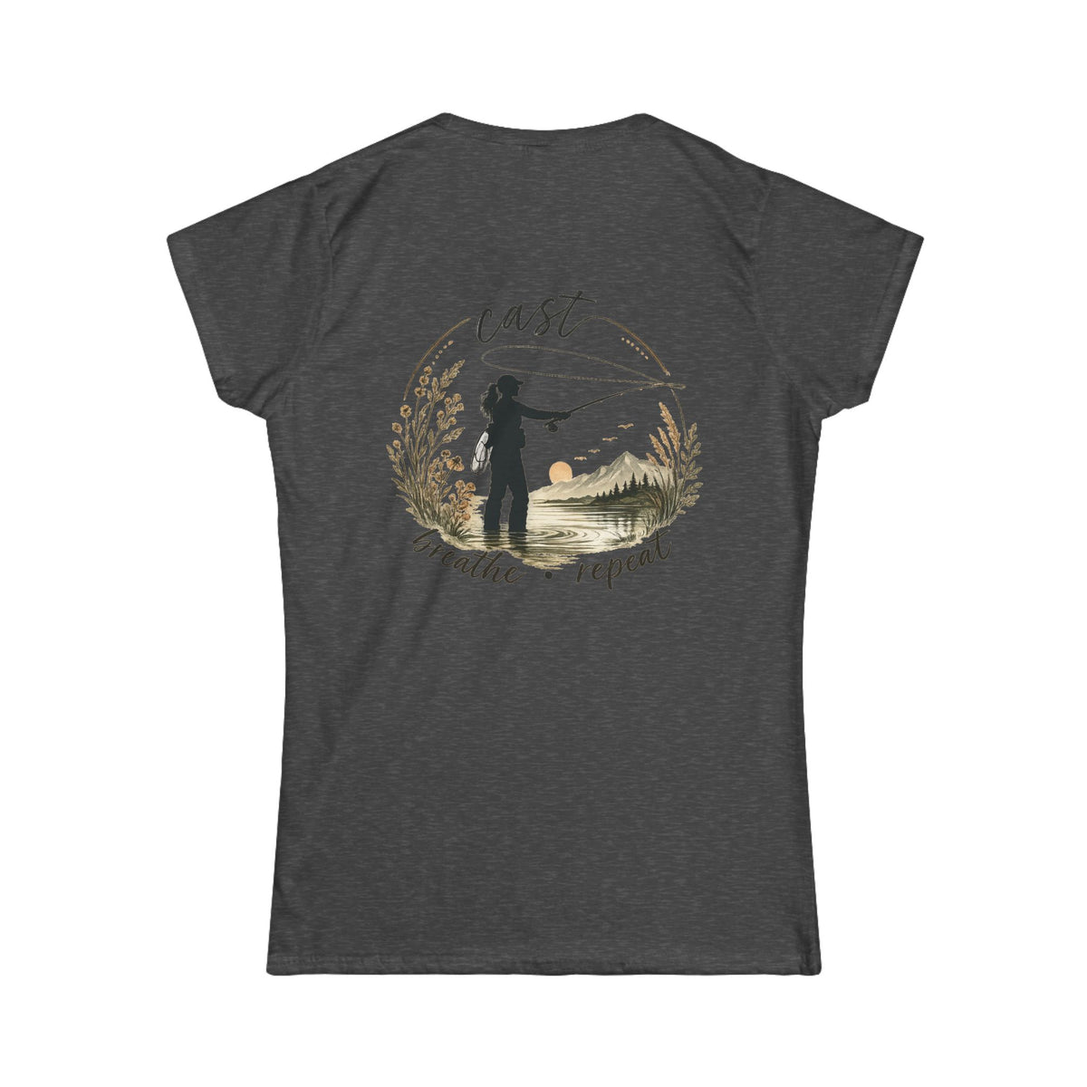 Women's Fly Fishing Tee — "Cast, Breathe, Repeat" Nature Graphic