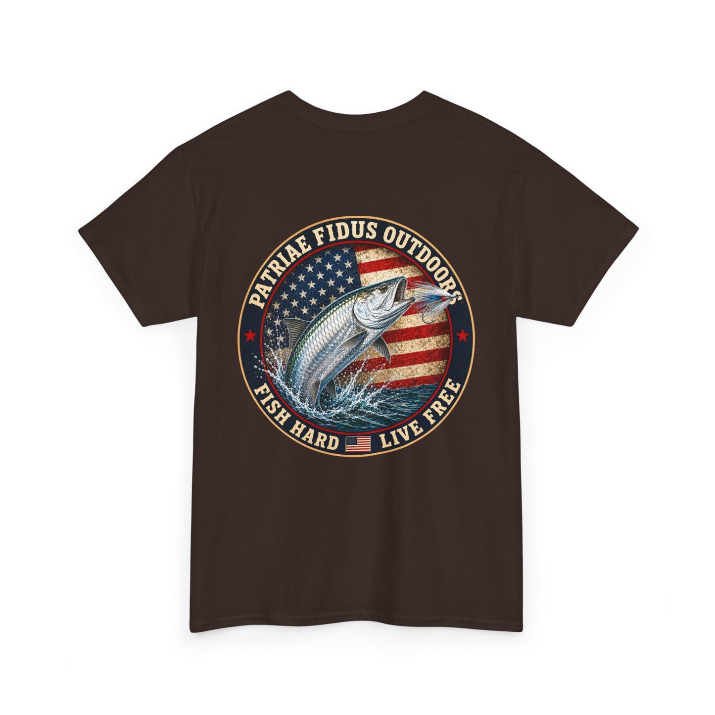 “Fish Hard Live Free” T-Shirt — Tarpon Patriae Fidus Outdoors American Flag Design