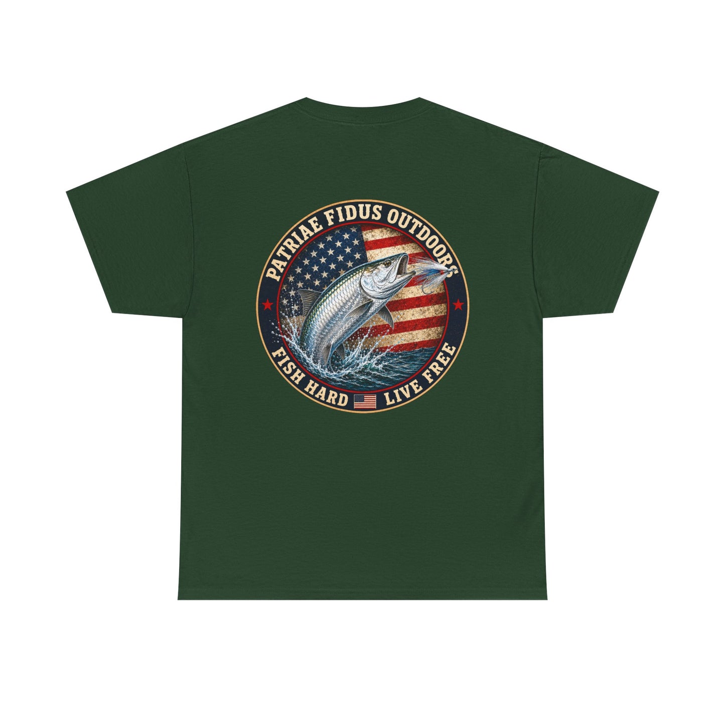 “Fish Hard Live Free” T-Shirt — Tarpon Patriae Fidus Outdoors American Flag Design