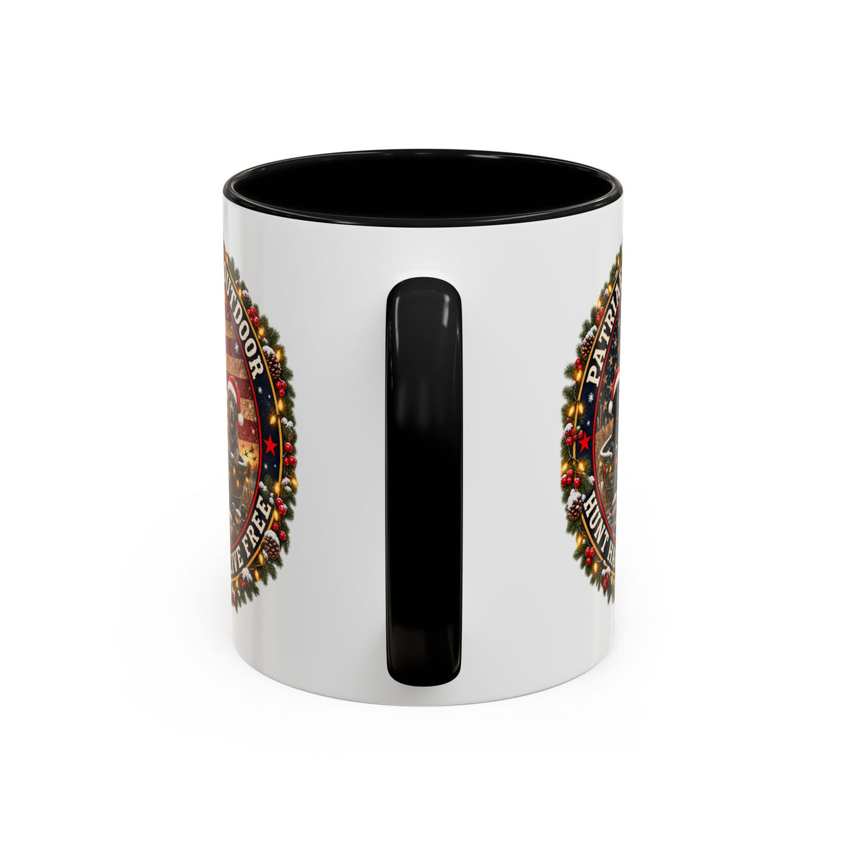 Patriæ Fidus Outdoor Christmas Coffee Mug — "Hunt Hard, Live Free" with Labrador Trio (11/15oz)