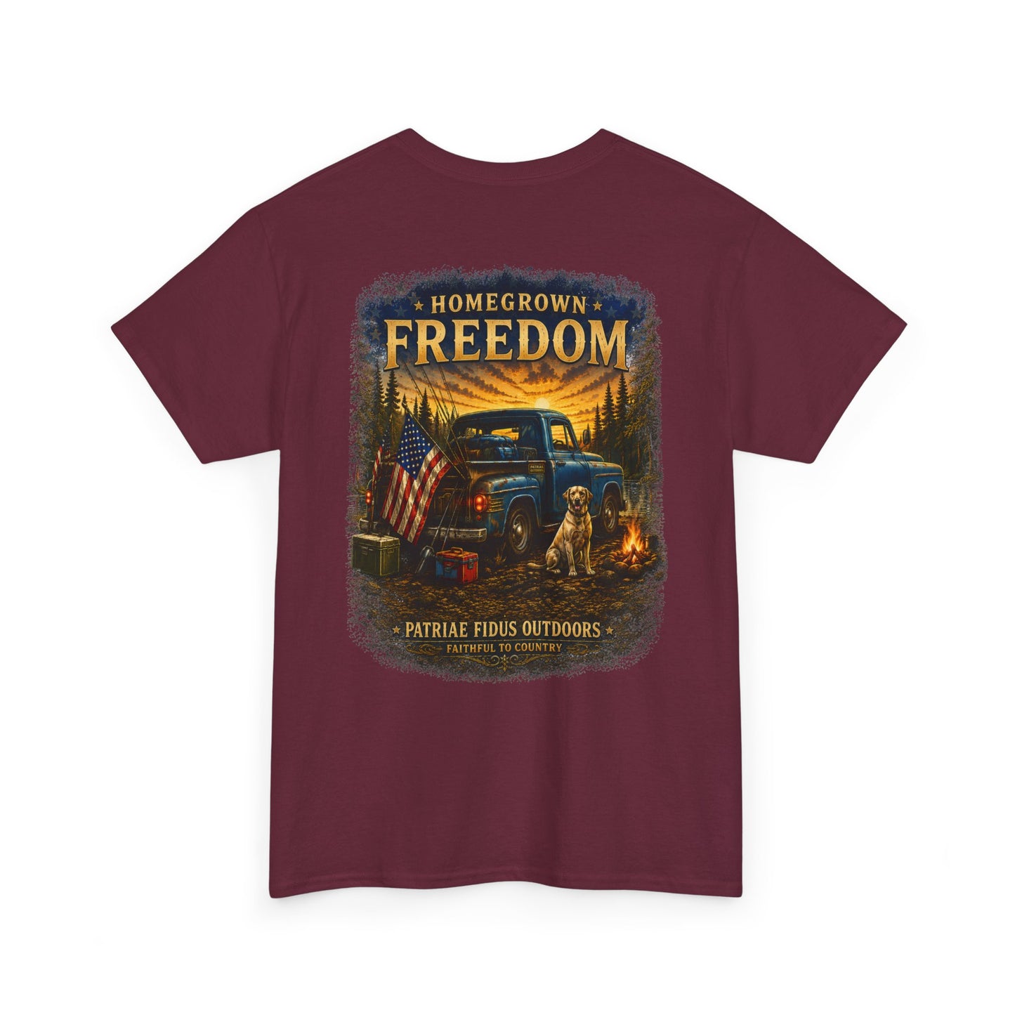 Homegrown Freedom Tee — Vintage Truck, American Flag & Campfire Graphic