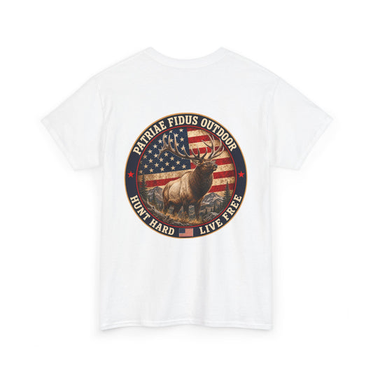 Hunting T-Shirt — Patriæ Fidus Outdoor 'Hunt Hard Live Free' American Flag Elk Tee