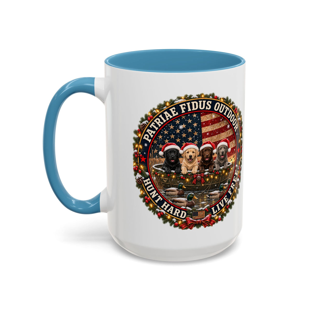 Patriæ Fidus Outdoor Christmas Coffee Mug — "Hunt Hard, Live Free" with Labrador Trio (11/15oz)