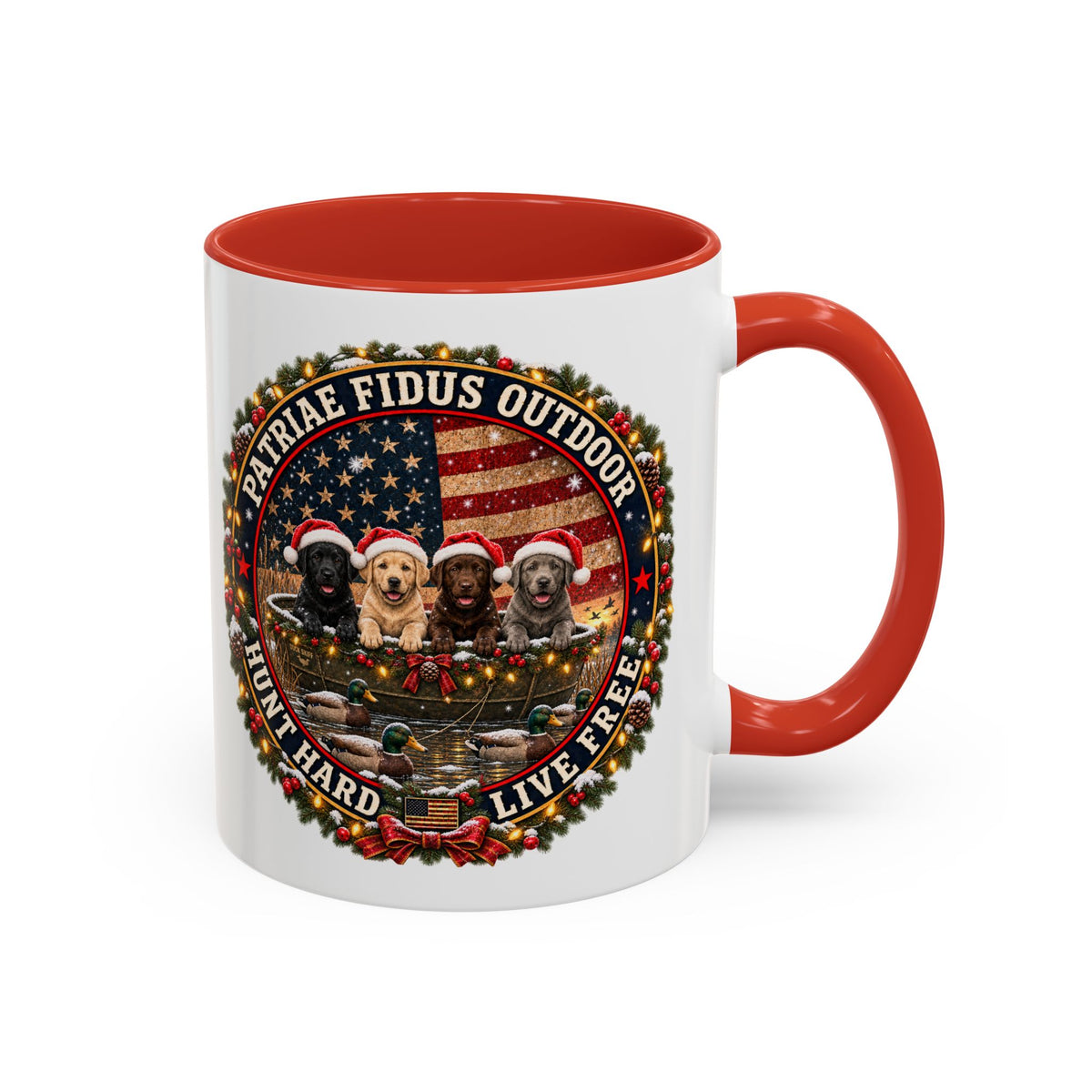 Patriæ Fidus Outdoor Christmas Coffee Mug — "Hunt Hard, Live Free" with Labrador Trio (11/15oz)