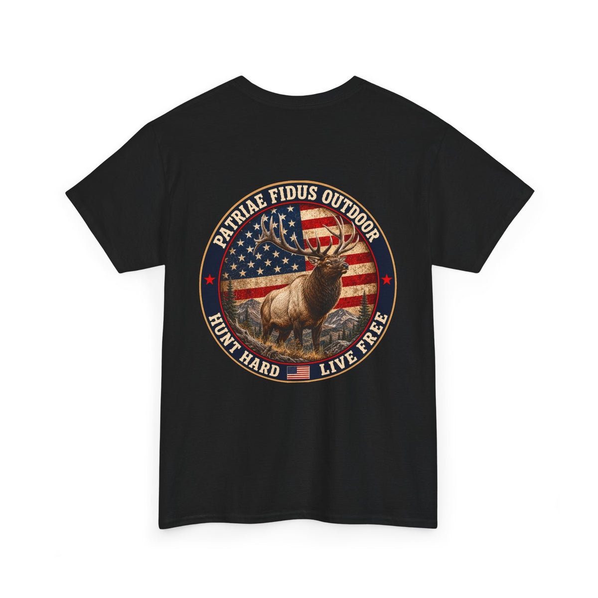 Hunting T-Shirt — Patriæ Fidus Outdoor 'Hunt Hard Live Free' American Flag Elk Tee