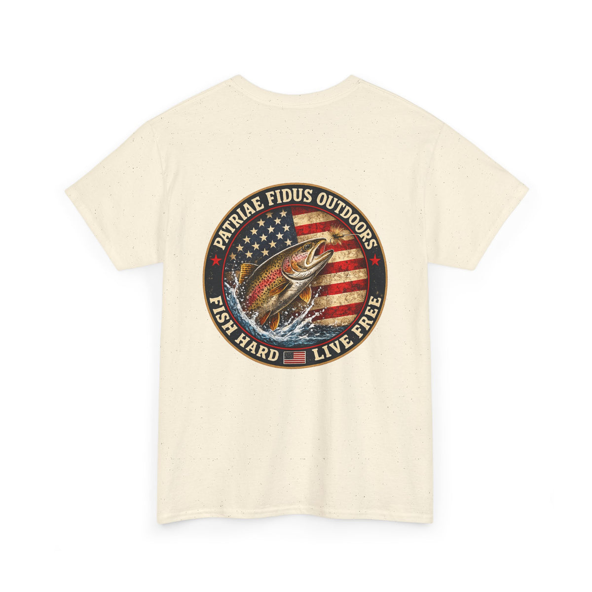 Fishing T‑Shirt — Patriæ Fidus Outdoors “Fish Hard Live Free” American Flag Tee