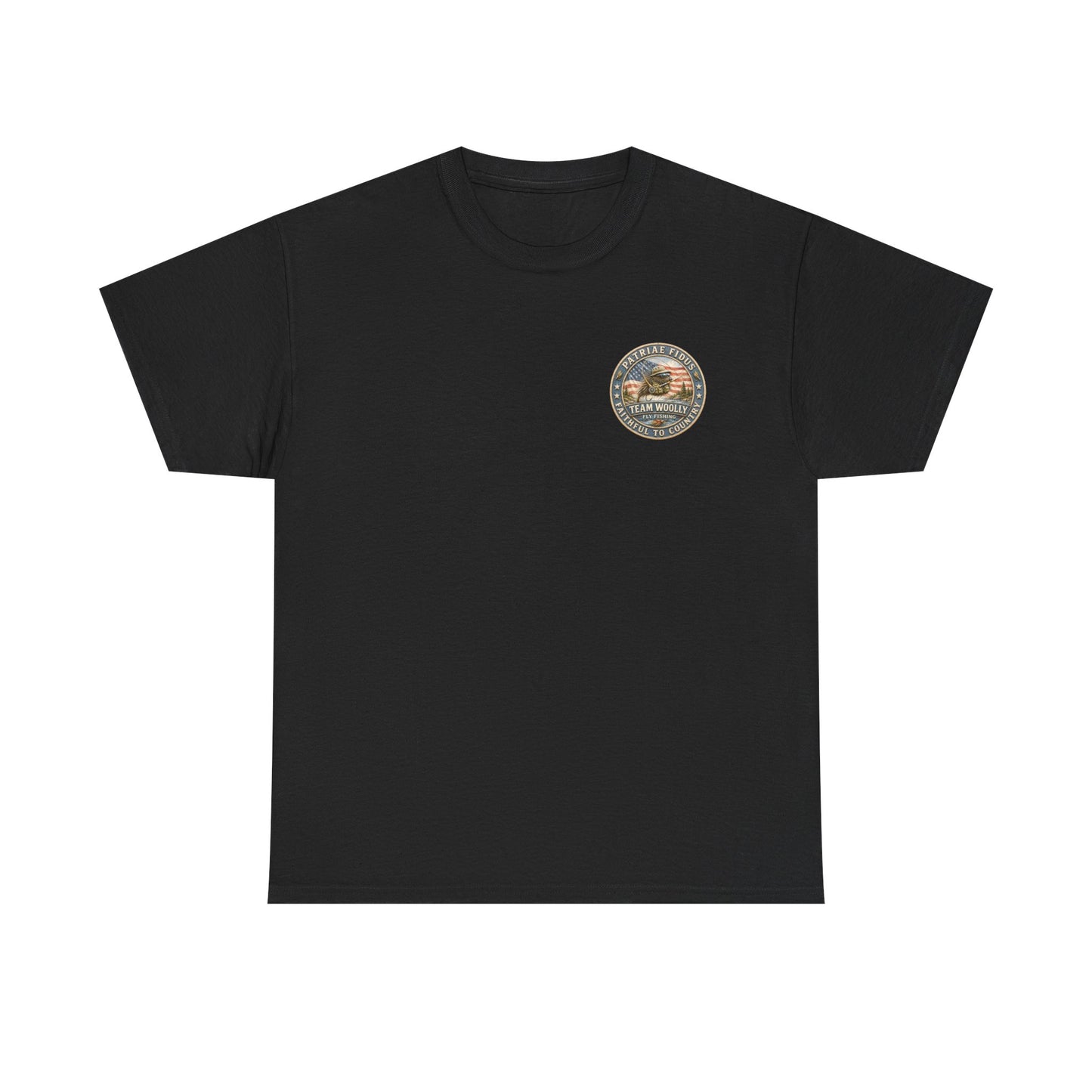 “Fish Hard Live Free” T-Shirt — Trout Patriae Fidus Outdoors American Flag Design