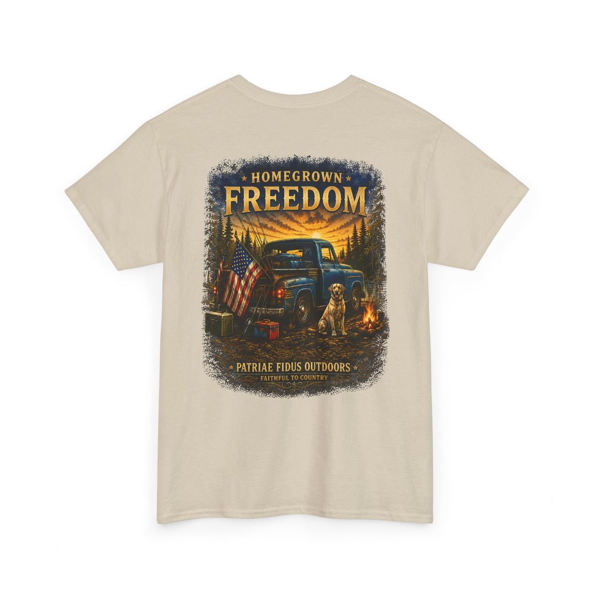 Homegrown Freedom Tee — Vintage Truck, American Flag & Campfire Graphic