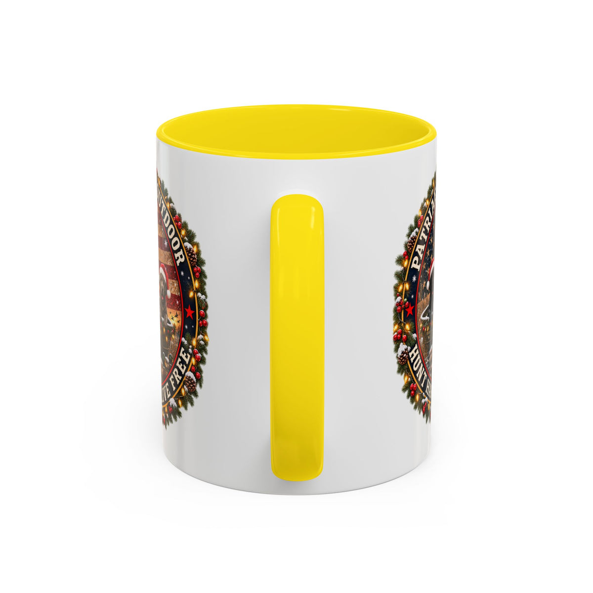 Patriæ Fidus Outdoor Christmas Coffee Mug — "Hunt Hard, Live Free" with Labrador Trio (11/15oz)