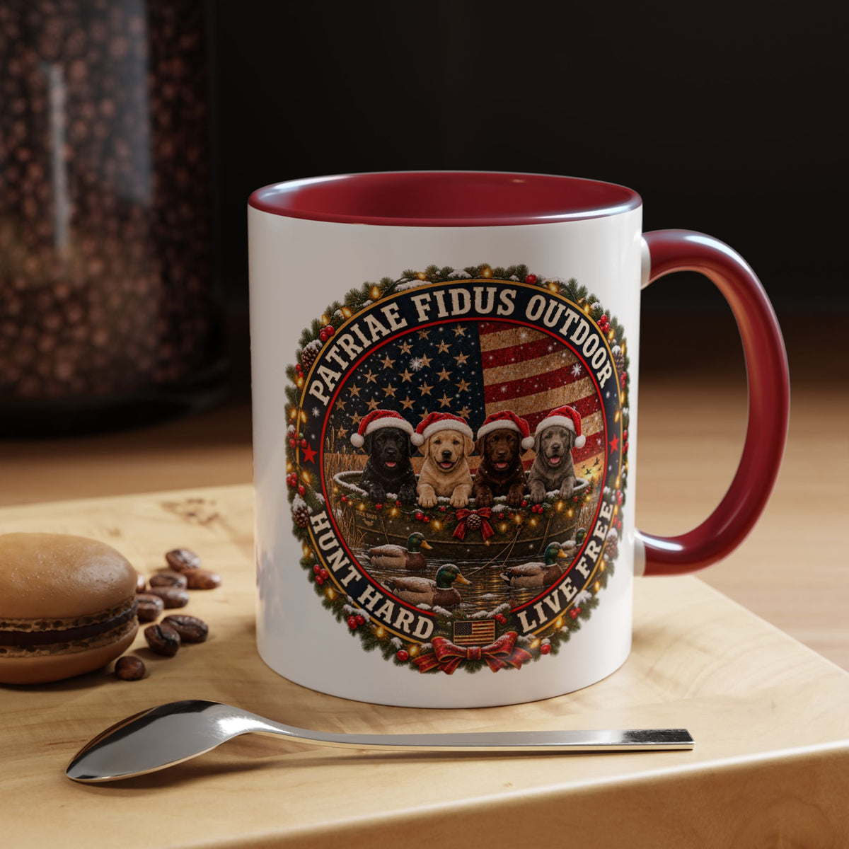 Patriæ Fidus Outdoor Christmas Coffee Mug — "Hunt Hard, Live Free" with Labrador Trio (11/15oz)