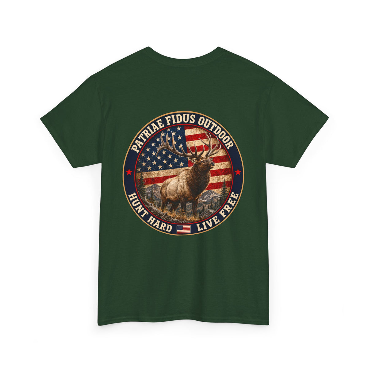 Hunting T-Shirt — Patriæ Fidus Outdoor 'Hunt Hard Live Free' American Flag Elk Tee