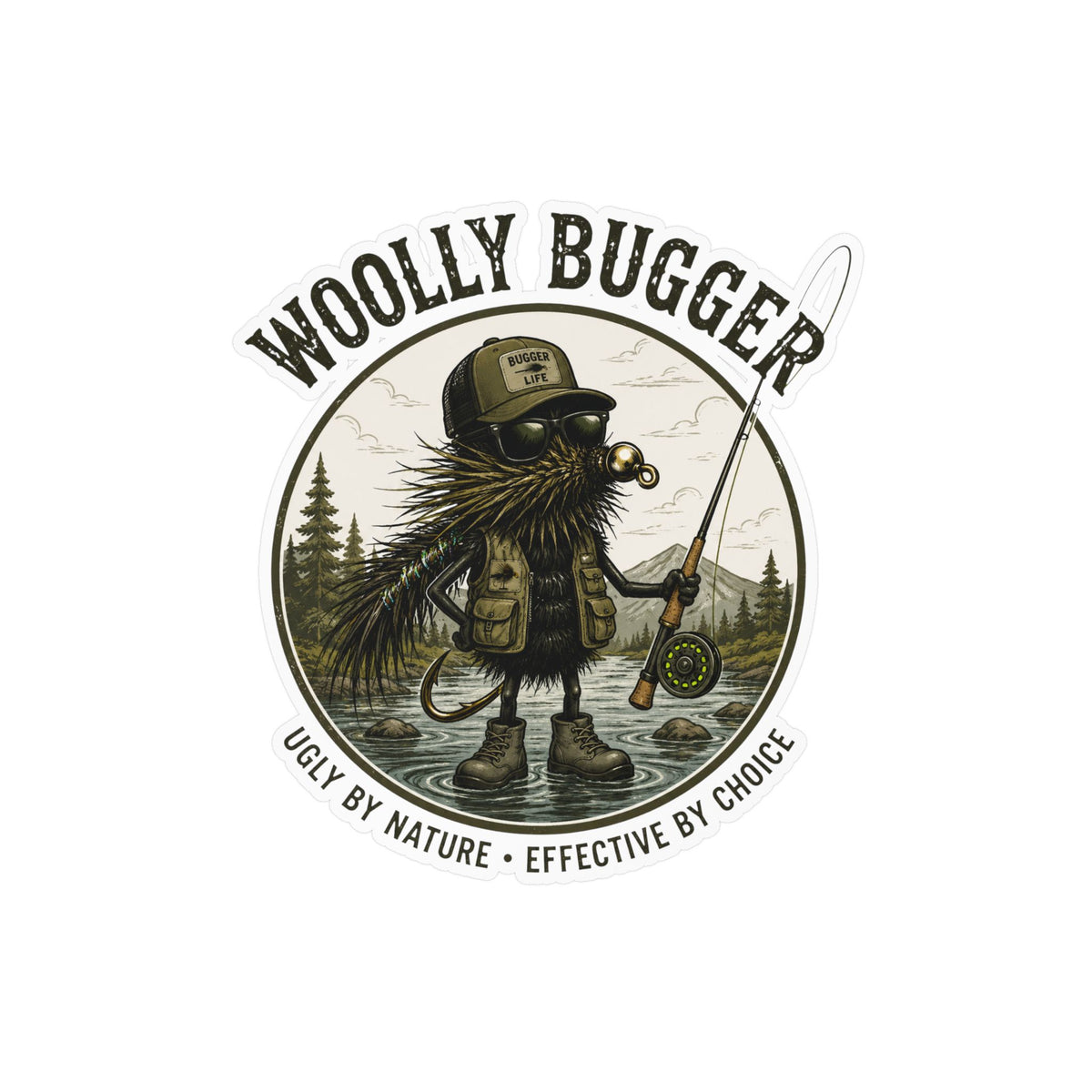 Kiss-Cut Vinyl Decal — "Woolly Bugger" Fly-Fishing Sticker (Ugly by Nature • Outdoor Angler Gift)