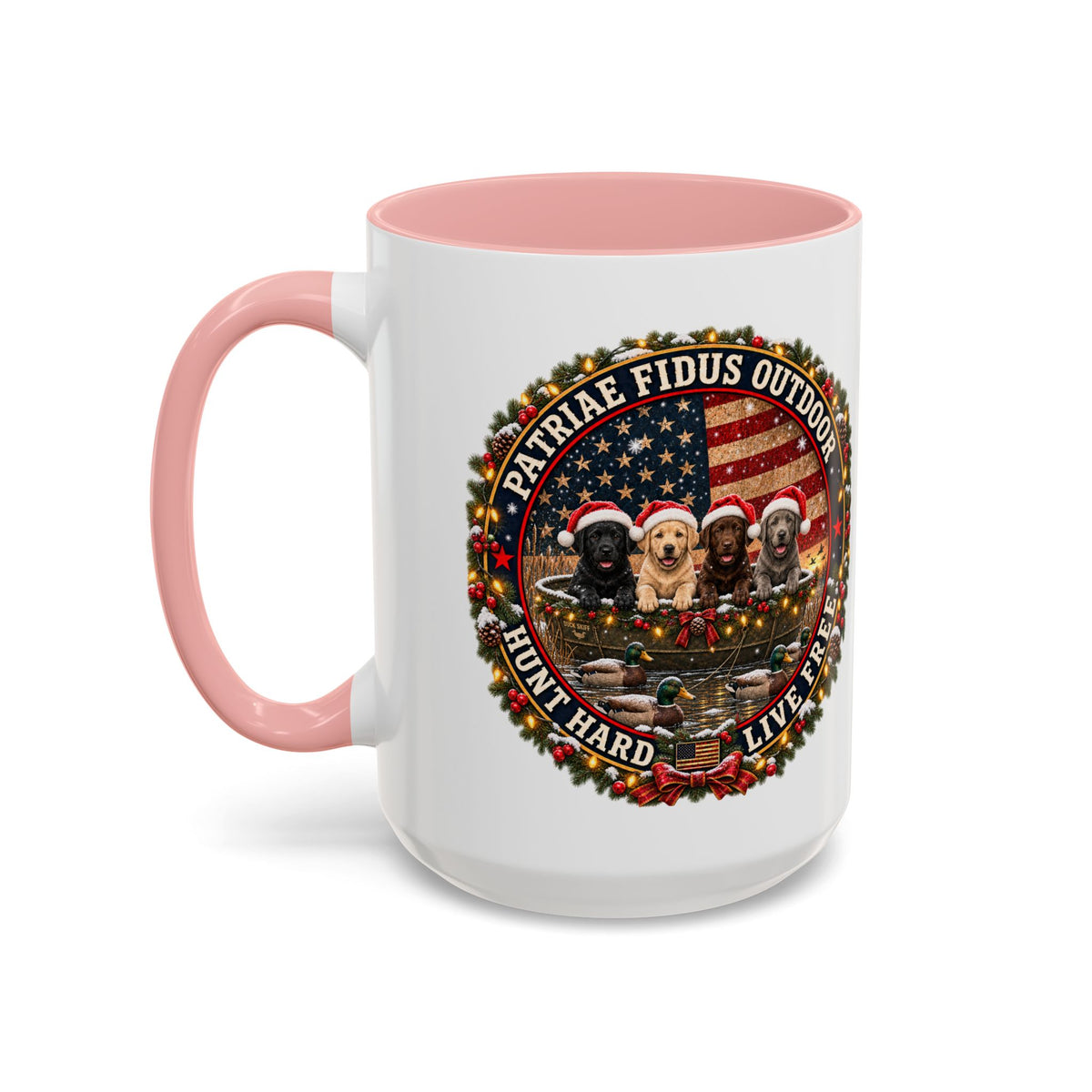 Patriæ Fidus Outdoor Christmas Coffee Mug — "Hunt Hard, Live Free" with Labrador Trio (11/15oz)