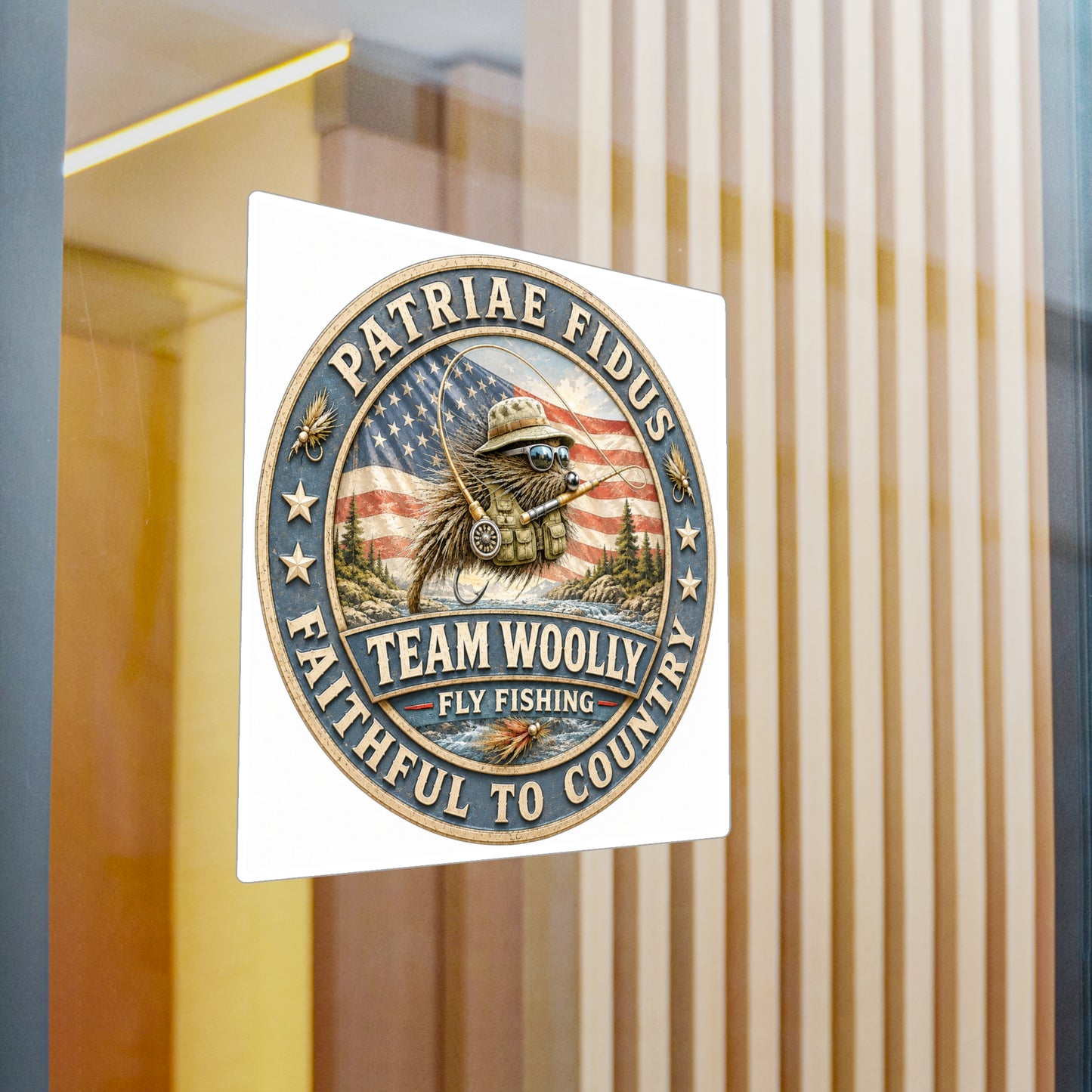 Kiss-Cut Vinyl Decal — "Team Woolly" Fly Fishing Patch with American Flag, Patriotic Outdoor Sticker