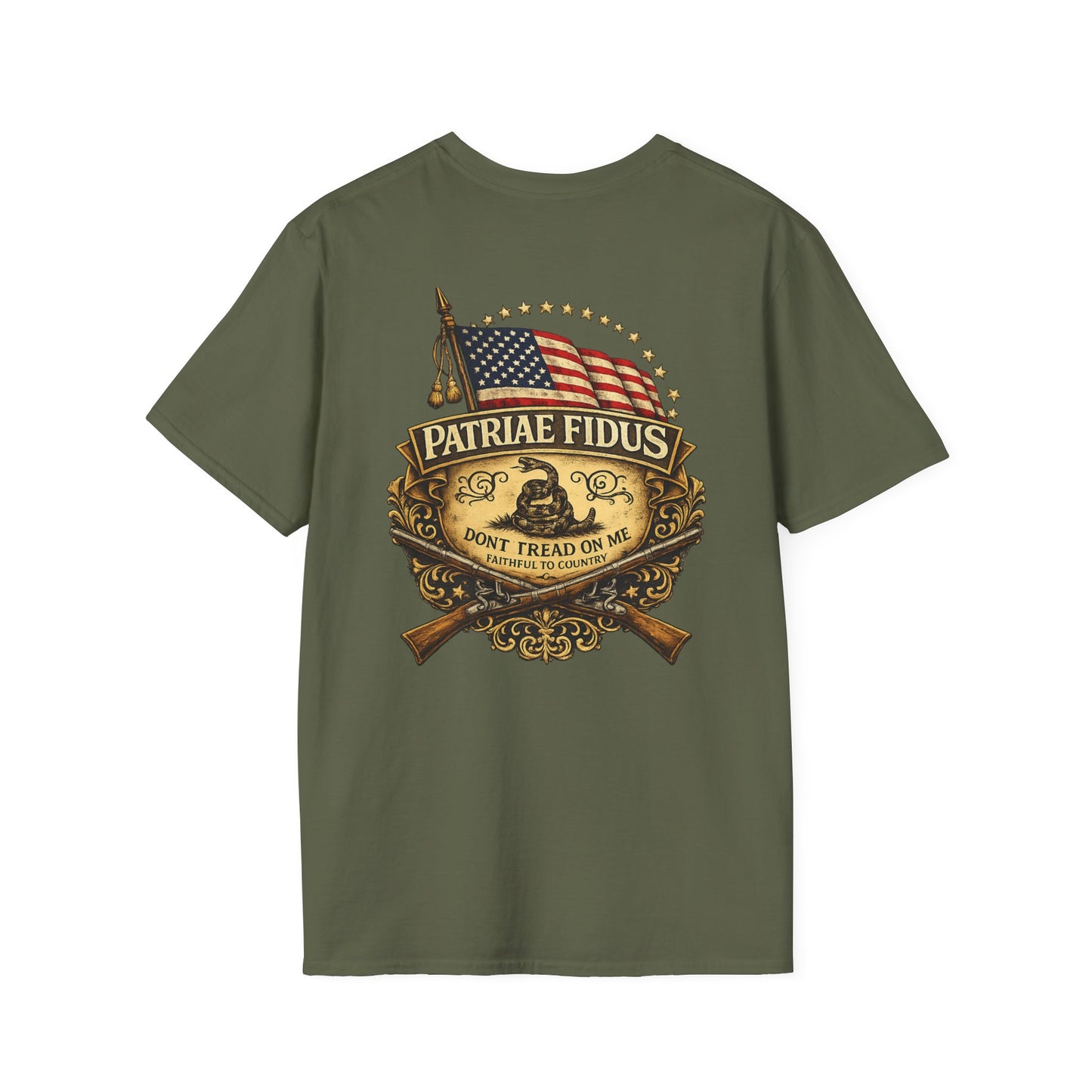 Patriae Fidus Patriotic American Flag Gadsden Patch T-Shirt