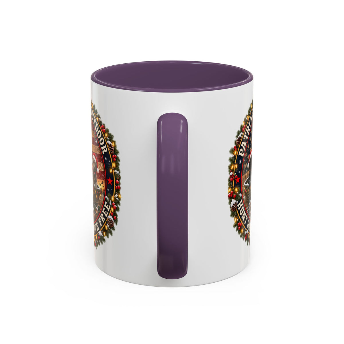 Patriæ Fidus Outdoor Christmas Coffee Mug — "Hunt Hard, Live Free" with Labrador Trio (11/15oz)