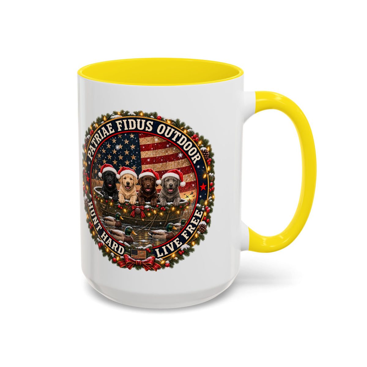 Patriæ Fidus Outdoor Christmas Coffee Mug — "Hunt Hard, Live Free" with Labrador Trio (11/15oz)