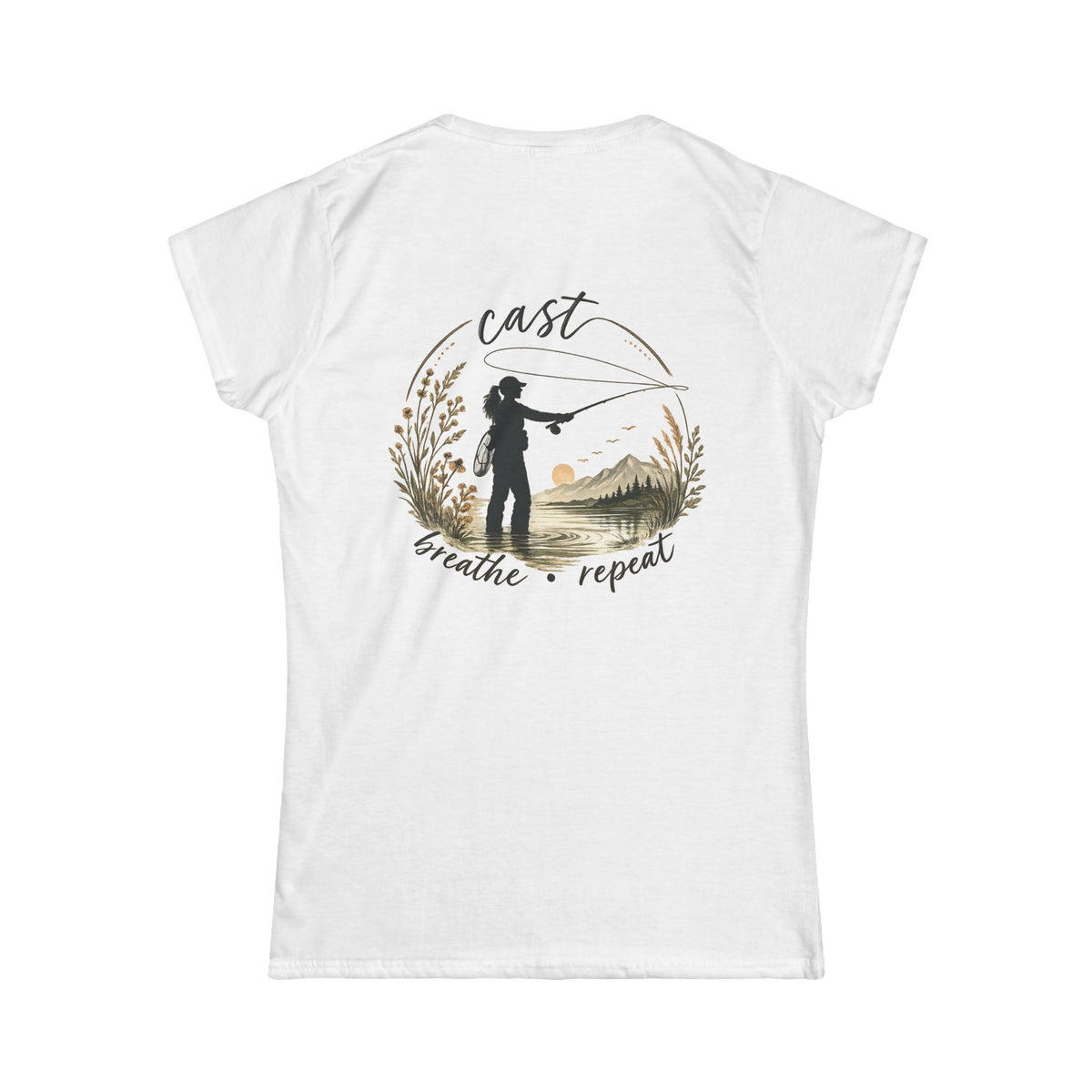 Women's Fly Fishing Tee — "Cast, Breathe, Repeat" Nature Graphic