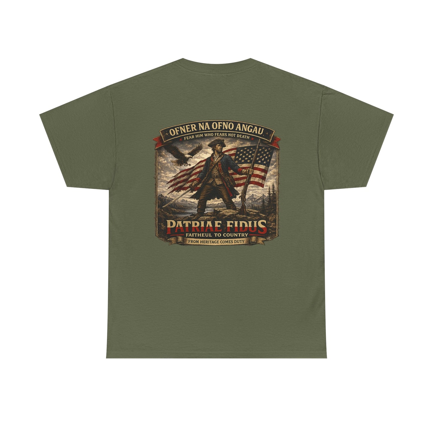 Patriae Fidus Patriotic Tee — Revolutionary Soldier Flag Graphic T‑Shirt