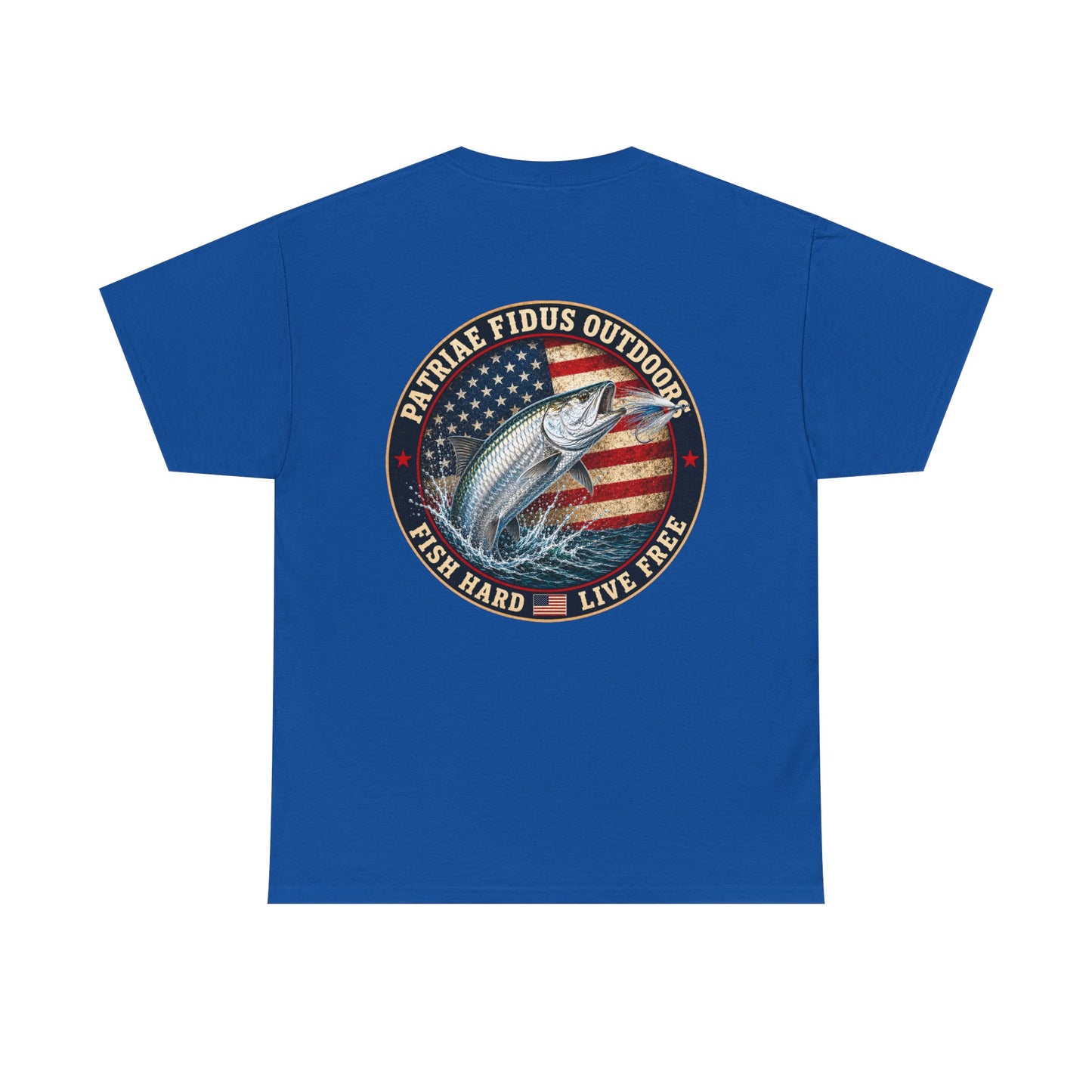 “Fish Hard Live Free” T-Shirt — Tarpon Patriae Fidus Outdoors American Flag Design