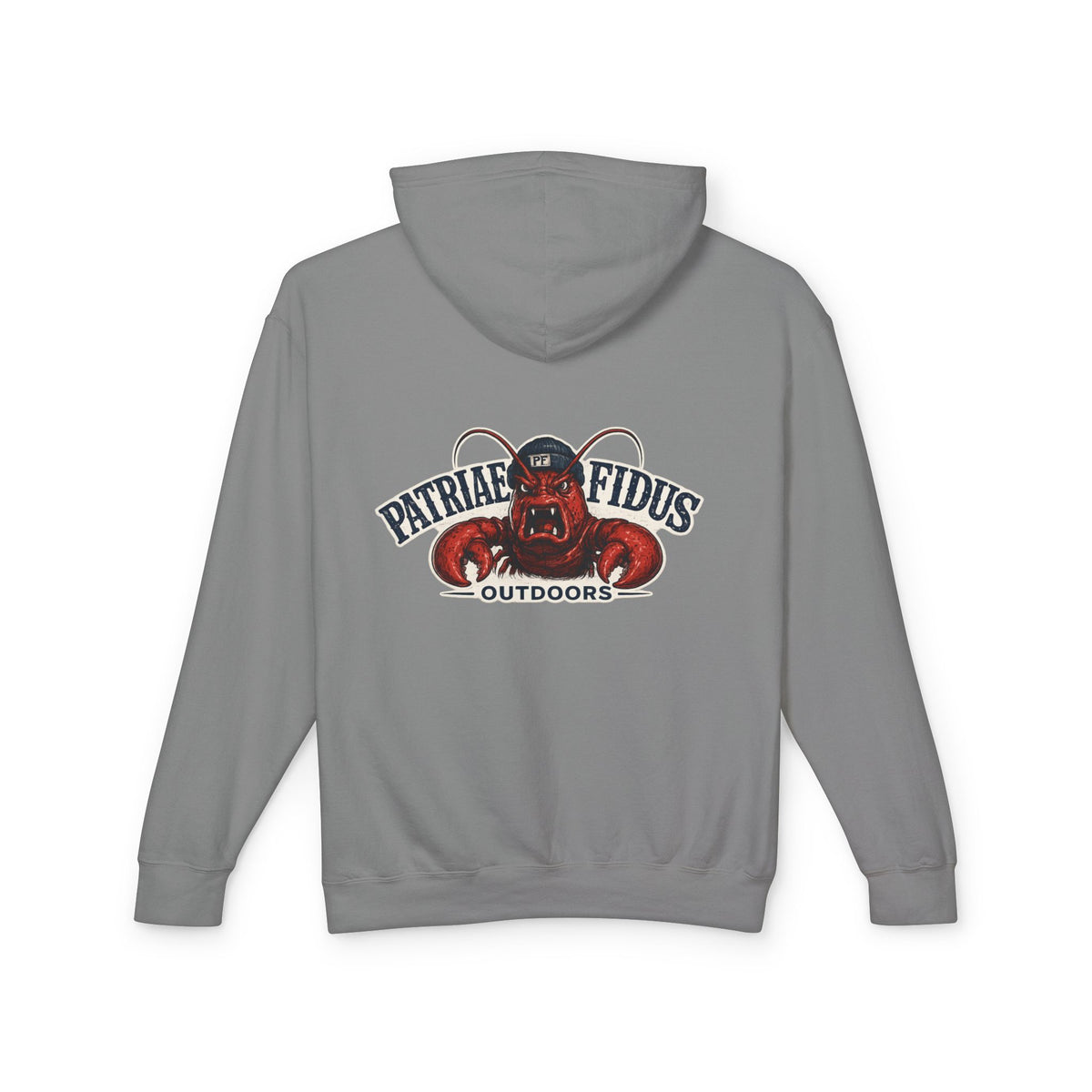 Patriae Fidus Outdoors Crab Logo Hoodie — Coastal Fishing Graphic Sweatshirt