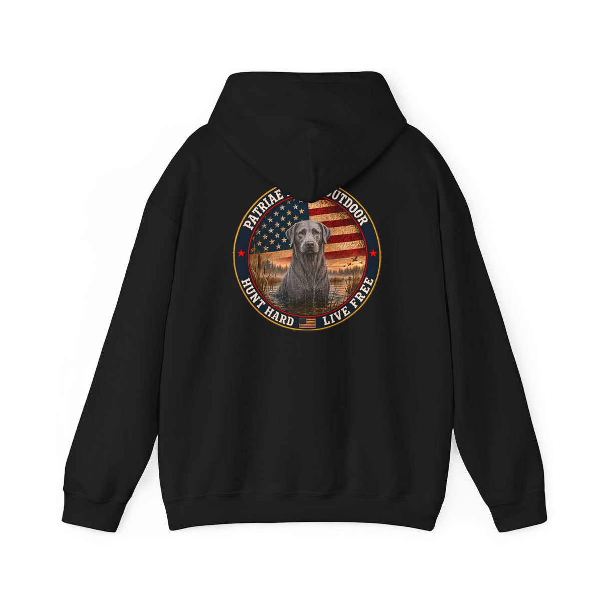 Patriotic Hunting Hoodie — "Hunt Hard Live Free" Retriever Design