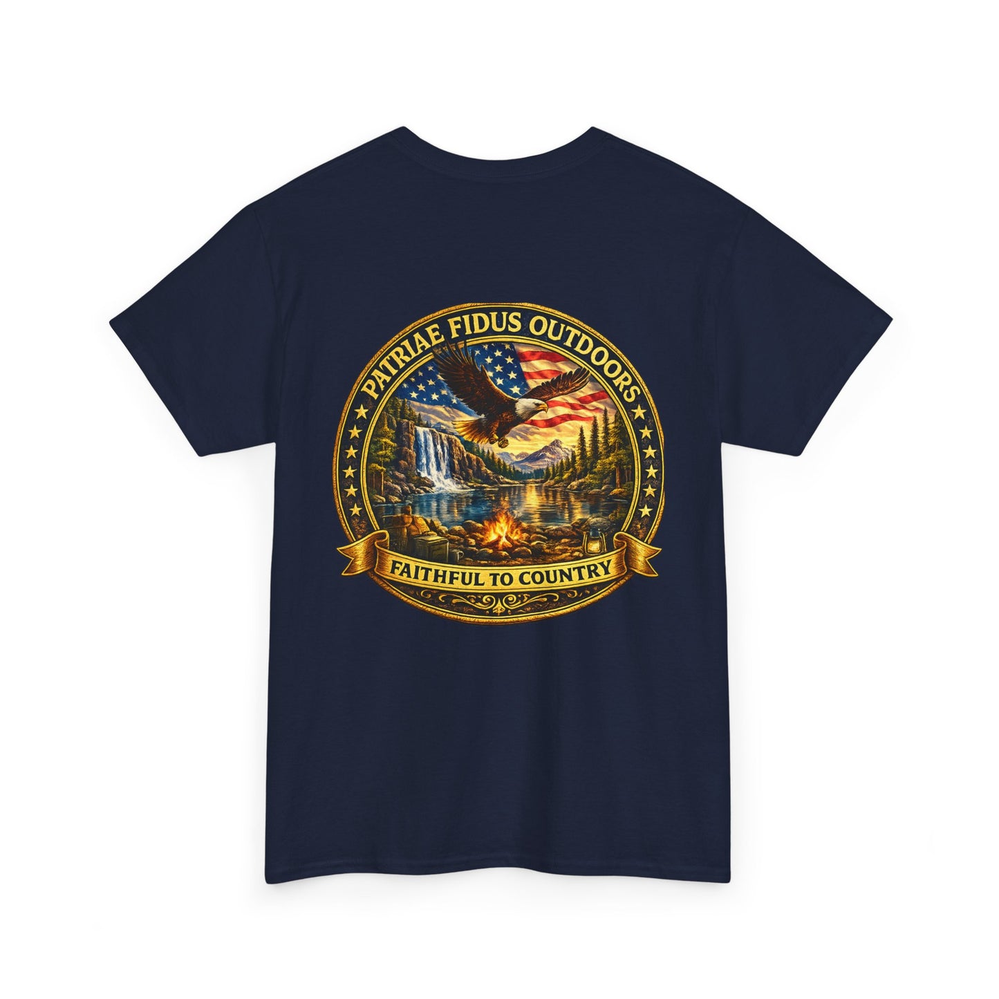 Patriae Fidus Outdoors Tee — Faithful to Country American Flag Eagle T‑Shirt