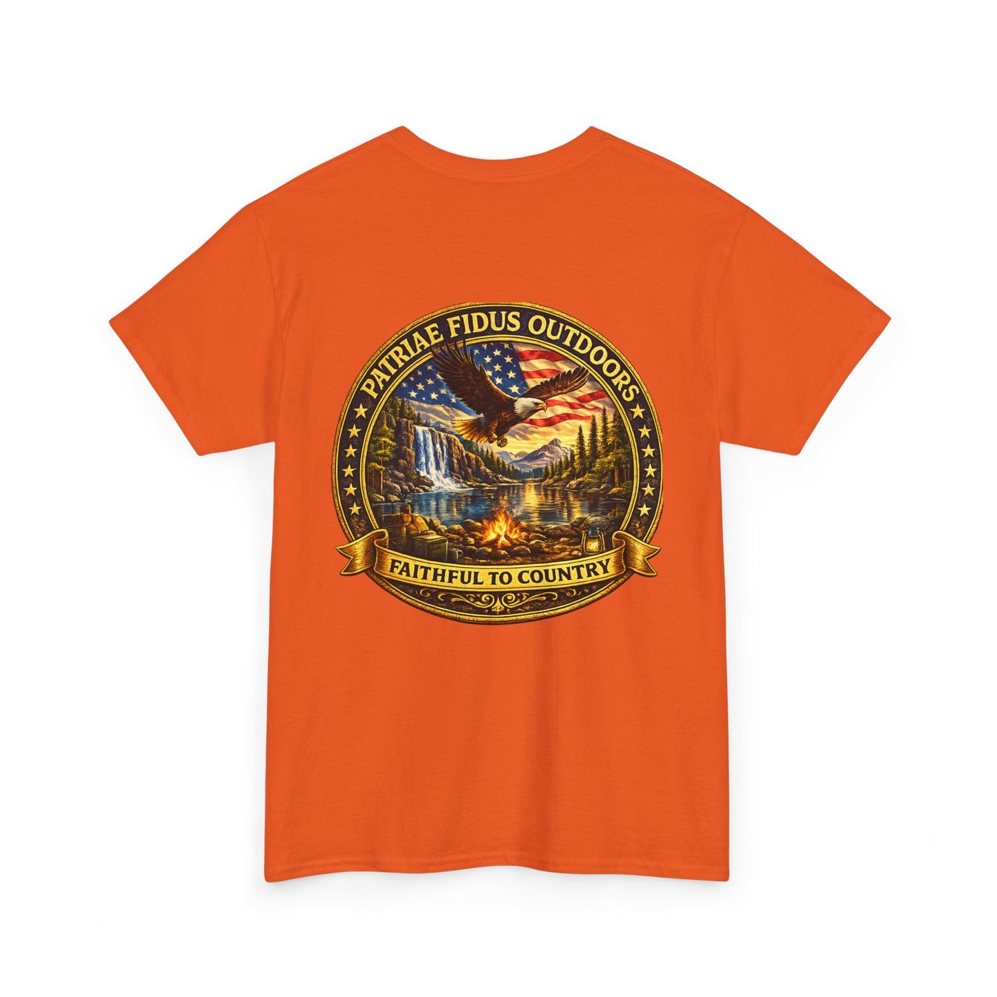 Patriae Fidus Outdoors Tee — Faithful to Country American Flag Eagle T‑Shirt