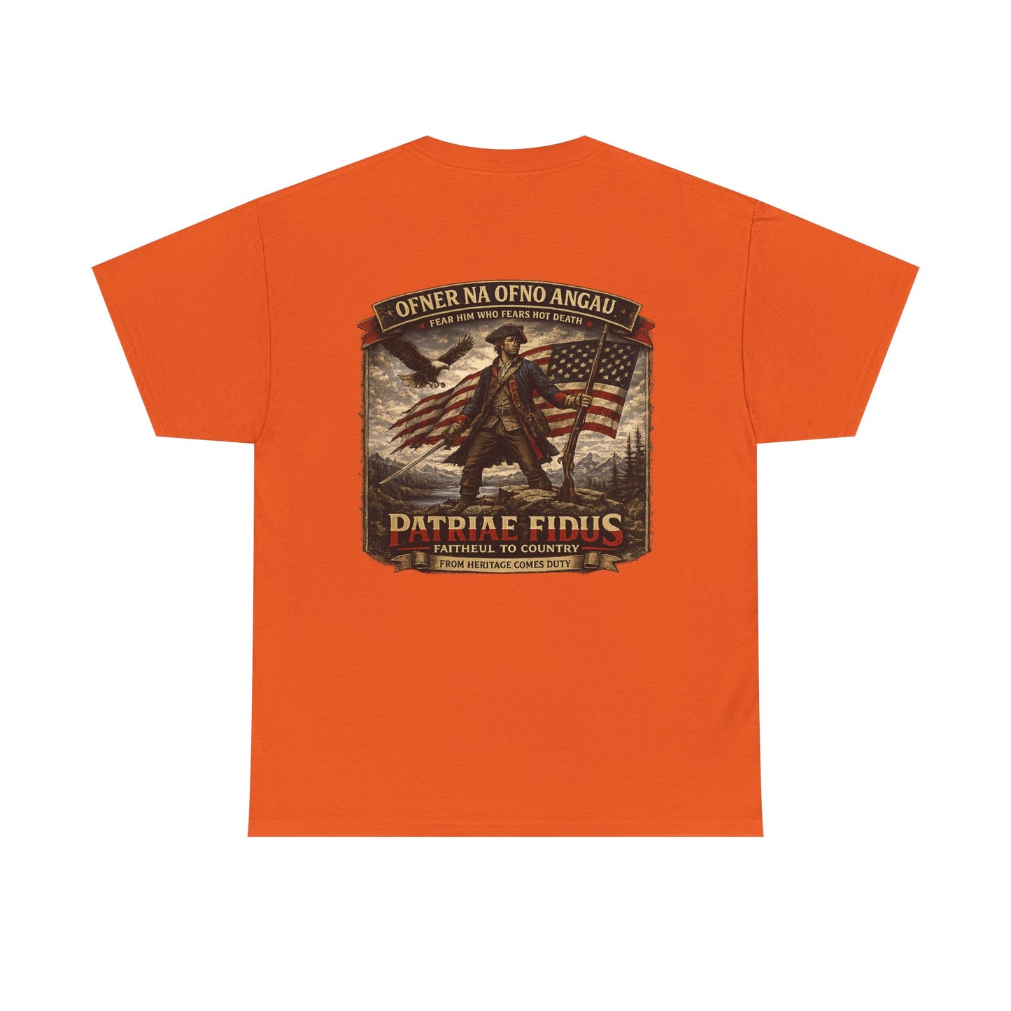 Patriae Fidus Patriotic Tee — Revolutionary Soldier Flag Graphic T‑Shirt