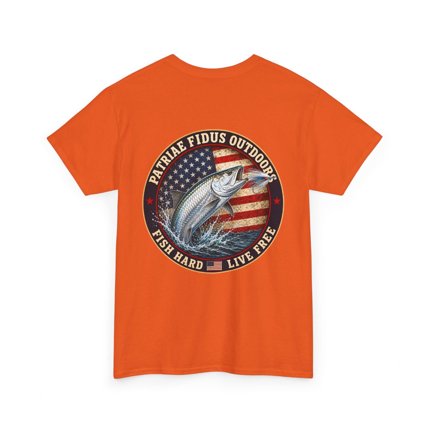 “Fish Hard Live Free” T-Shirt — Tarpon Patriae Fidus Outdoors American Flag Design