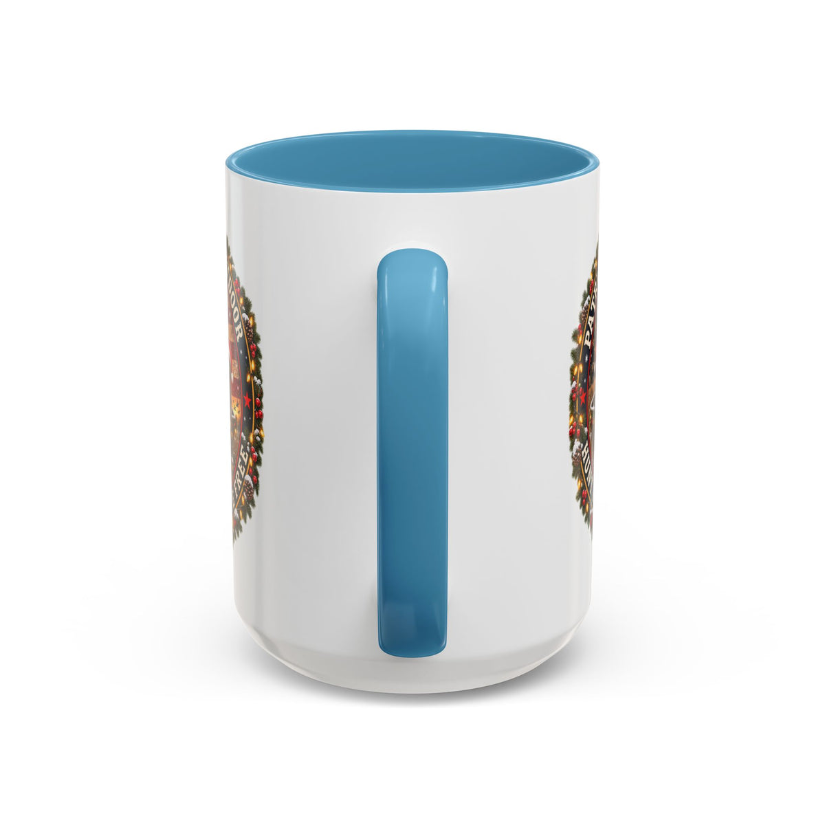 Patriæ Fidus Outdoor Christmas Coffee Mug — "Hunt Hard, Live Free" with Labrador Trio (11/15oz)