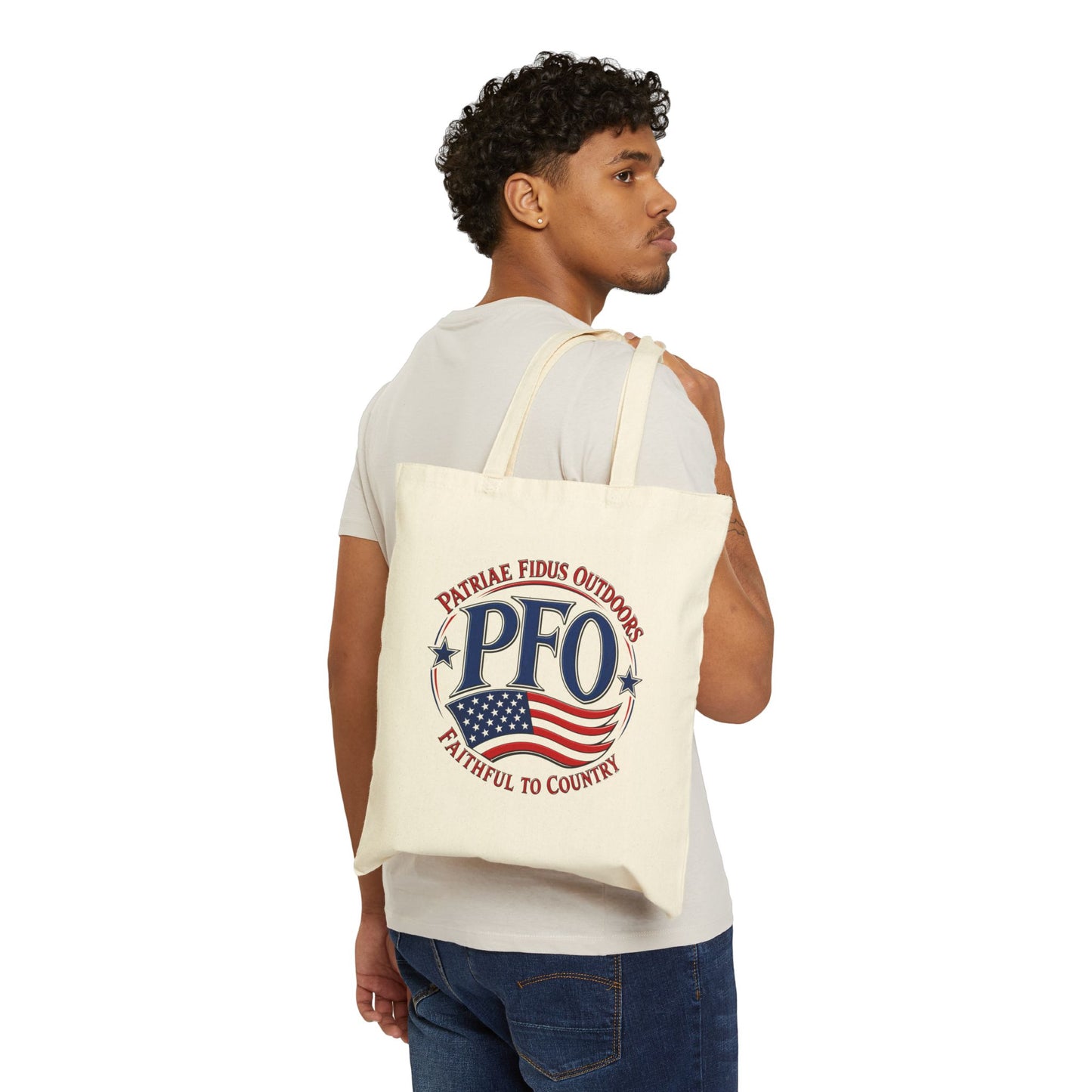 PFO Patriæ Fidus Outdoors Canvas Tote — Faithful to Country American Flag Eco Bag