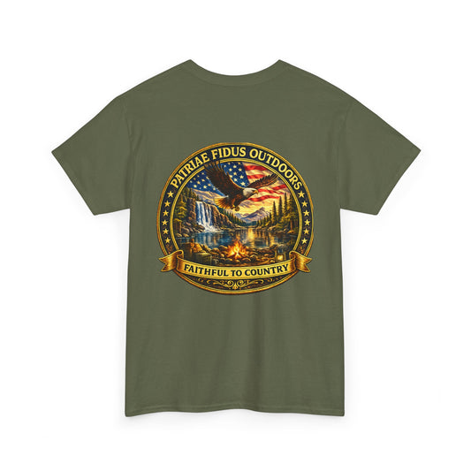 Patriae Fidus Outdoors Tee — Faithful to Country American Flag Eagle T‑Shirt