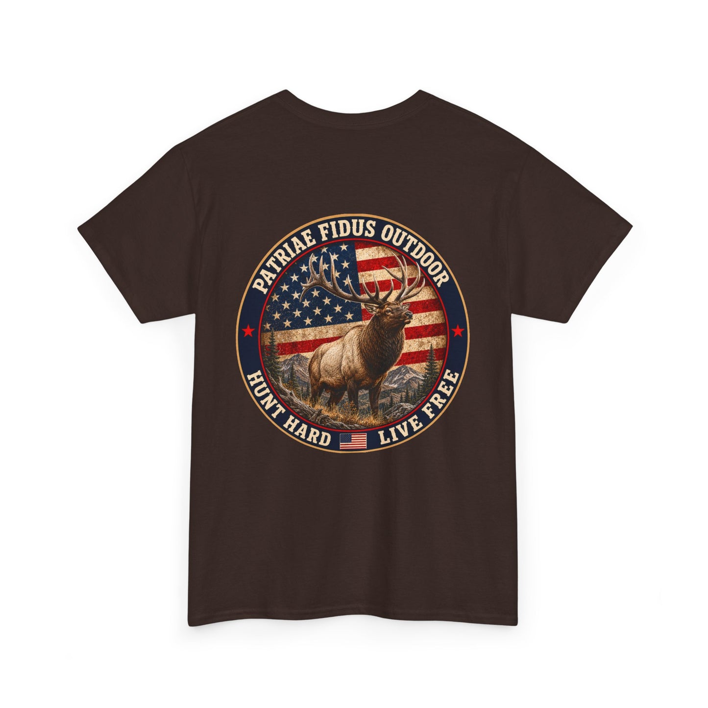 Hunting T-Shirt — Patriæ Fidus Outdoor 'Hunt Hard Live Free' American Flag Elk Tee