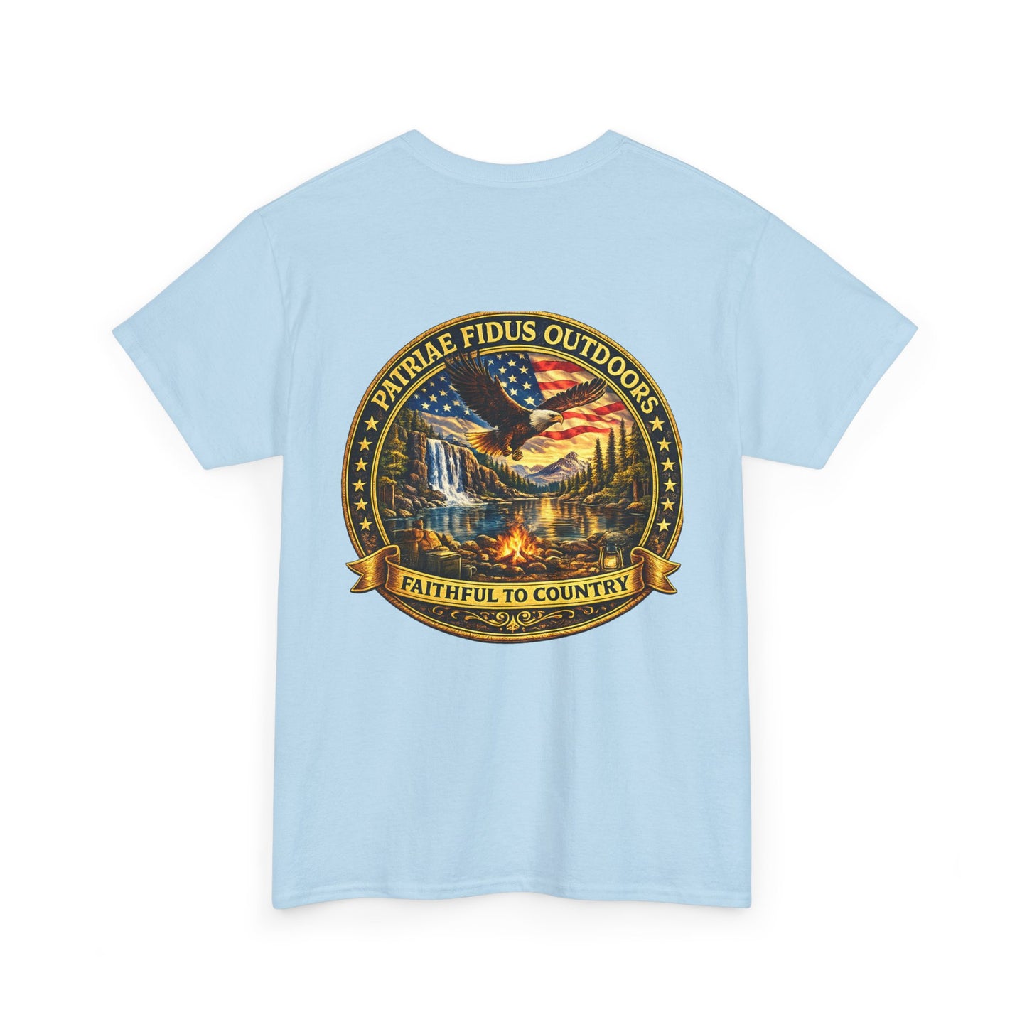 Patriae Fidus Outdoors Tee — Faithful to Country American Flag Eagle T‑Shirt