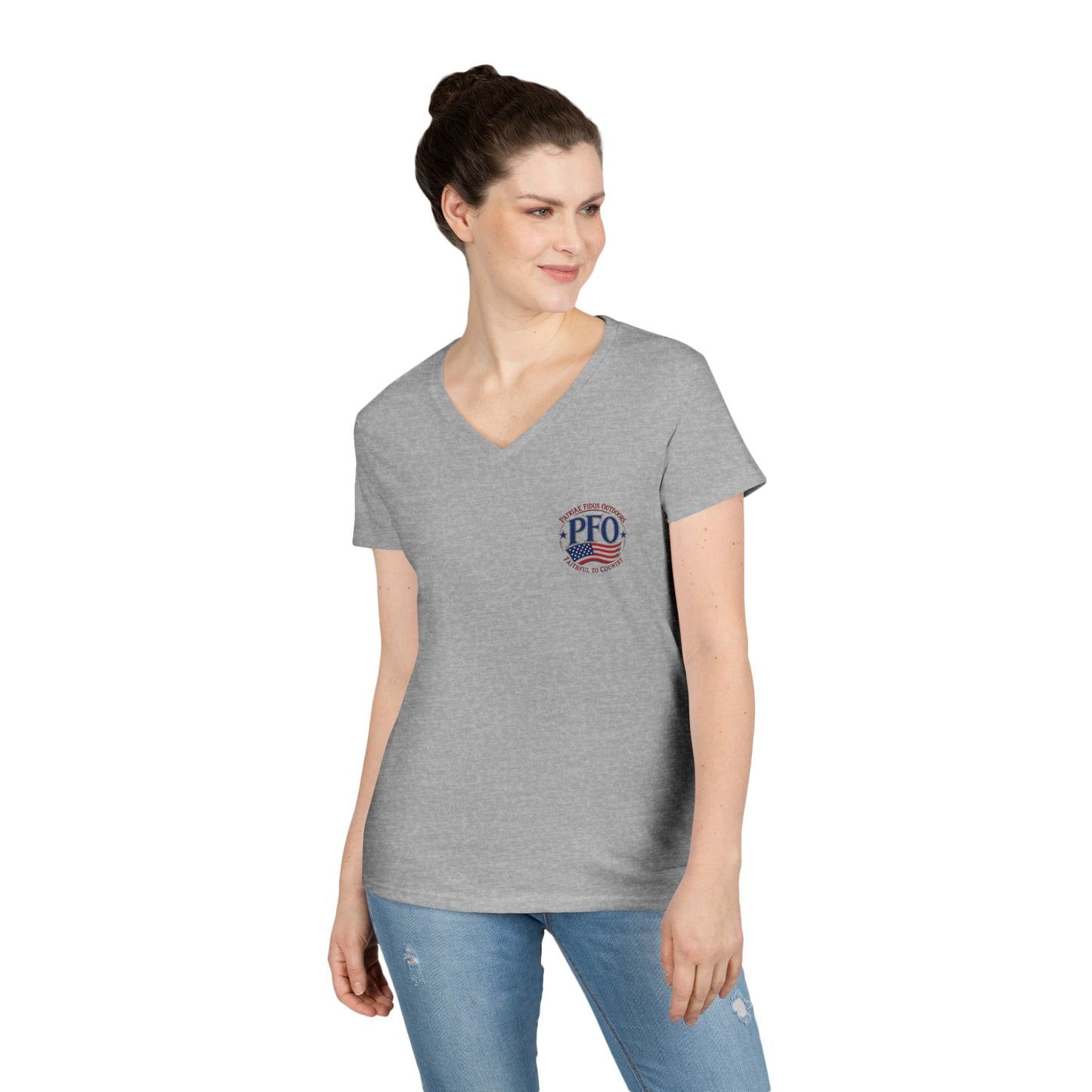 Patriae Fidus Outdoors Ladies' V-Neck T-Shirt — American Flag Hunting Logo