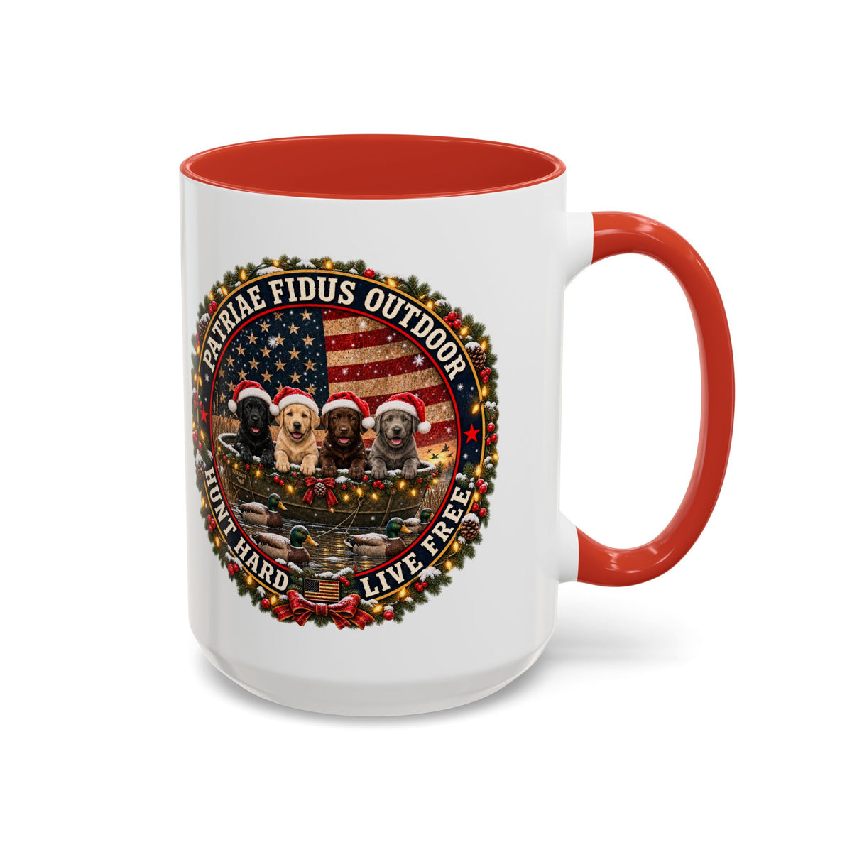 Patriæ Fidus Outdoor Christmas Coffee Mug — "Hunt Hard, Live Free" with Labrador Trio (11/15oz)