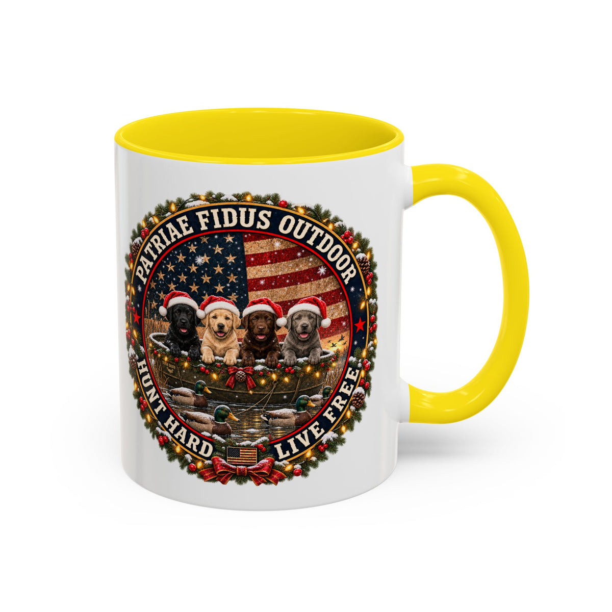 Patriæ Fidus Outdoor Christmas Coffee Mug — "Hunt Hard, Live Free" with Labrador Trio (11/15oz)