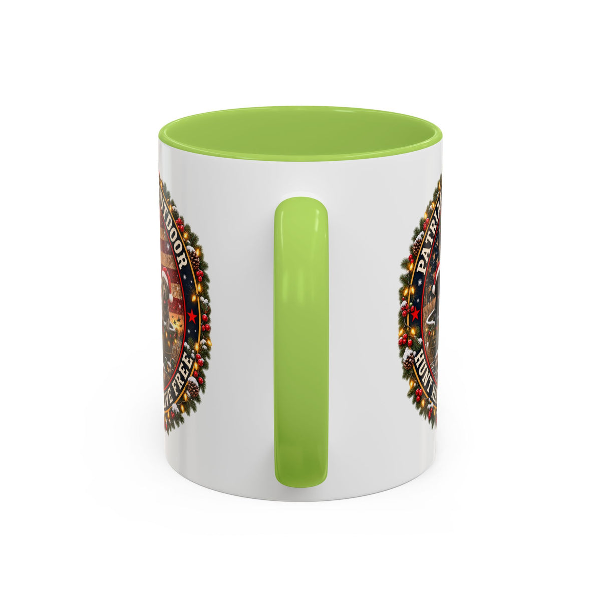 Patriæ Fidus Outdoor Christmas Coffee Mug — "Hunt Hard, Live Free" with Labrador Trio (11/15oz)