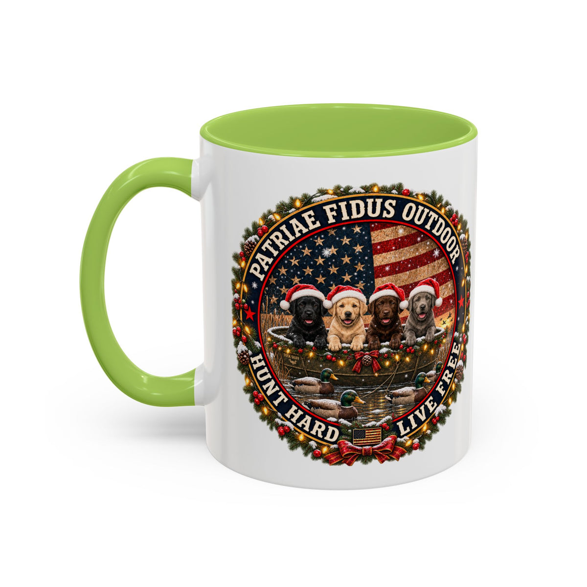 Patriæ Fidus Outdoor Christmas Coffee Mug — "Hunt Hard, Live Free" with Labrador Trio (11/15oz)