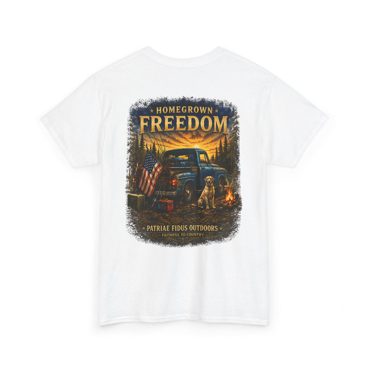 Homegrown Freedom Tee — Vintage Truck, American Flag & Campfire Graphic