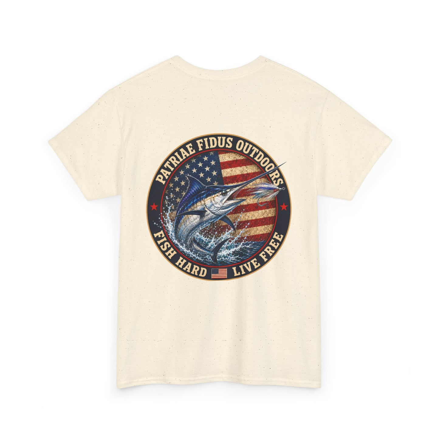 “Fish Hard Live Free” T-Shirt — Marlin Patriae Fidus Outdoors American Flag Design