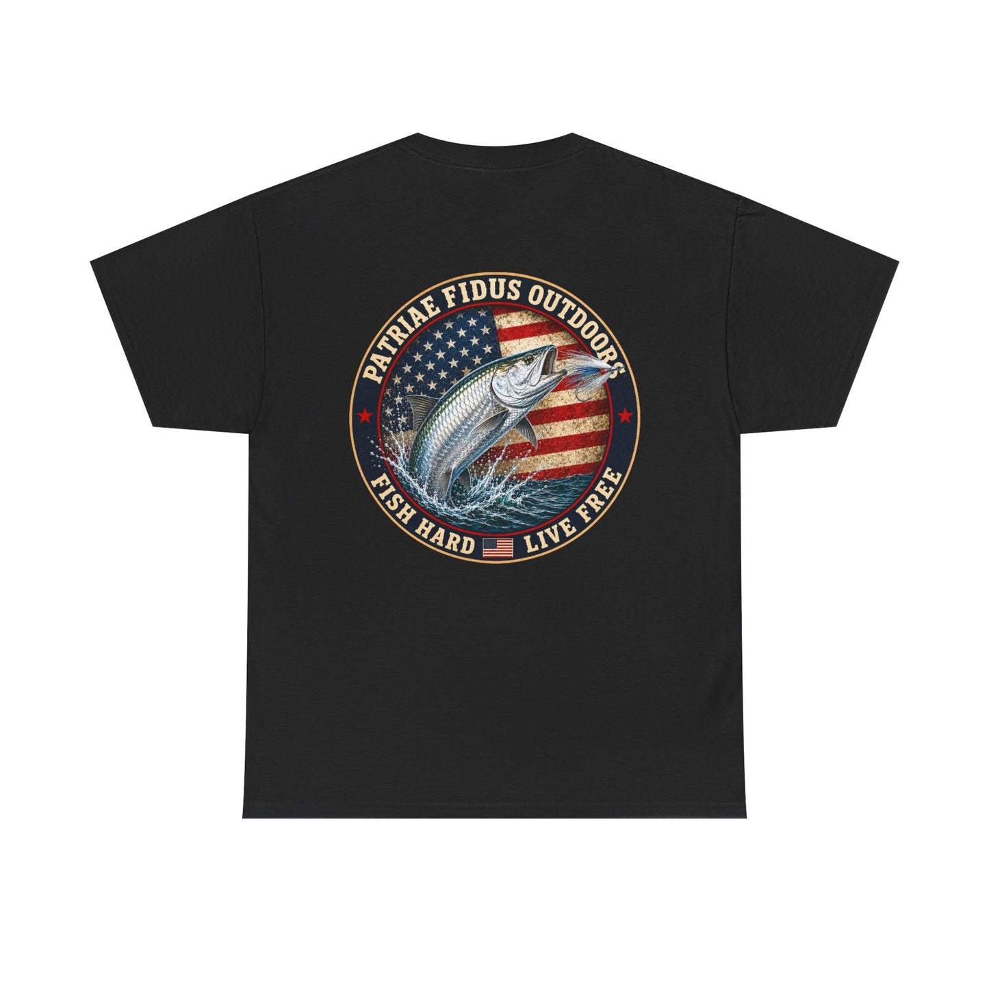 “Fish Hard Live Free” T-Shirt — Tarpon Patriae Fidus Outdoors American Flag Design