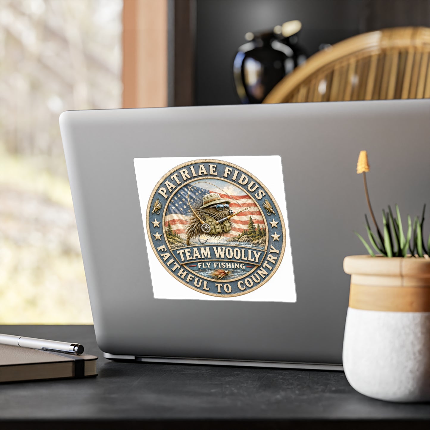 Kiss-Cut Vinyl Decal — "Team Woolly" Fly Fishing Patch with American Flag, Patriotic Outdoor Sticker