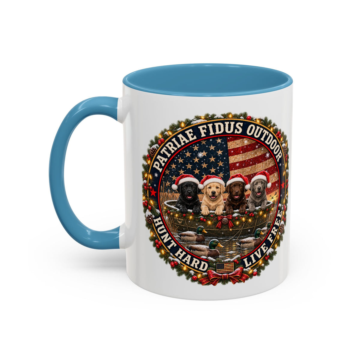 Patriæ Fidus Outdoor Christmas Coffee Mug — "Hunt Hard, Live Free" with Labrador Trio (11/15oz)