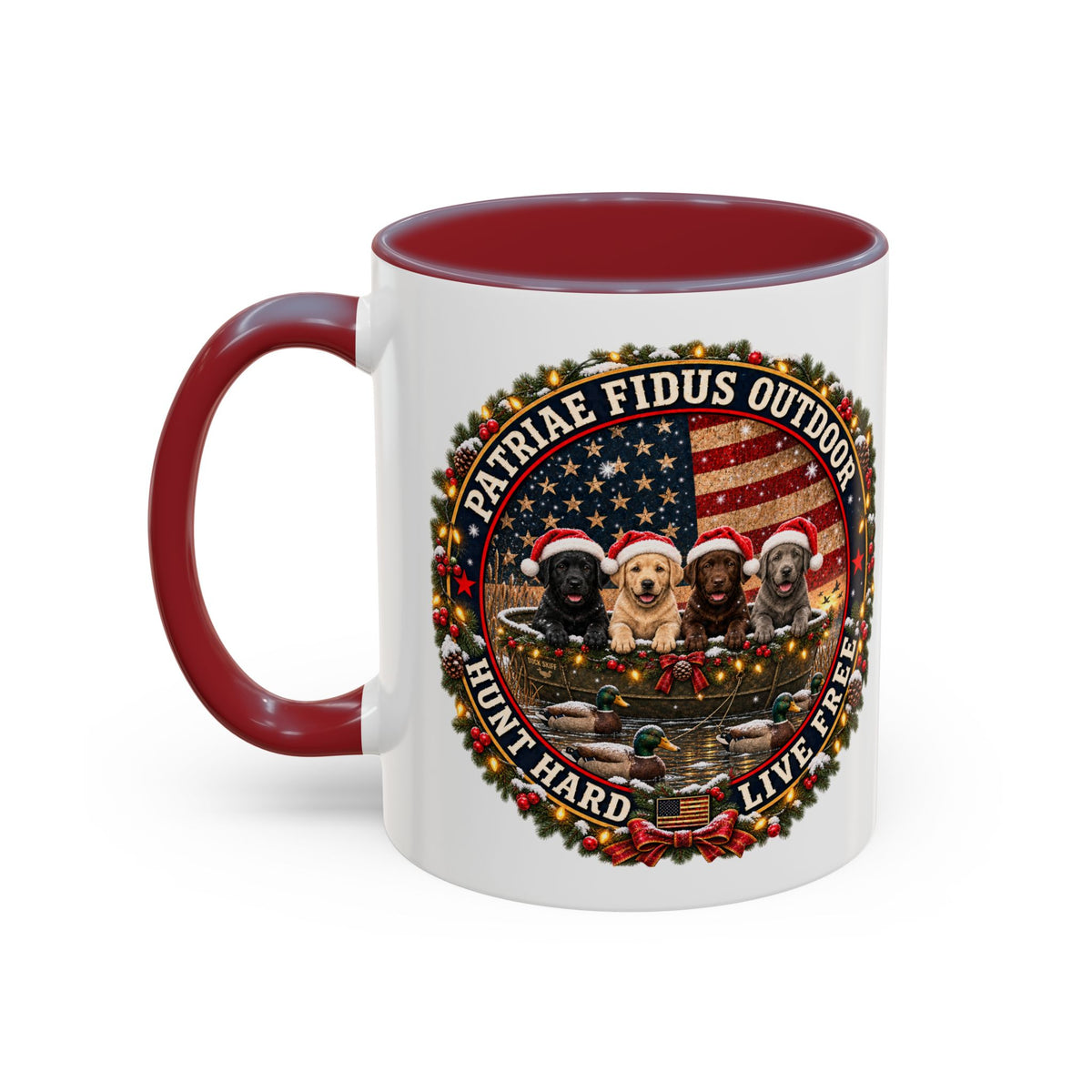 Patriæ Fidus Outdoor Christmas Coffee Mug — "Hunt Hard, Live Free" with Labrador Trio (11/15oz)